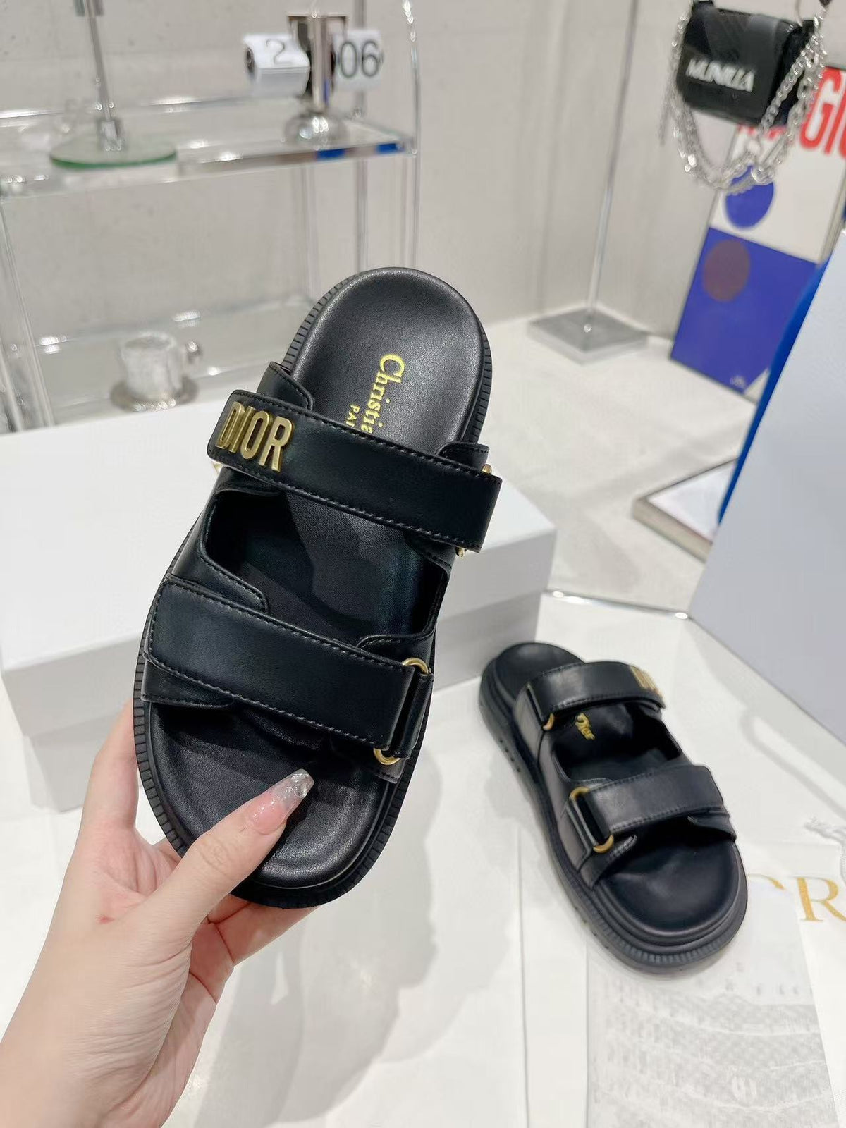 Dior CD Act Sandals in Black Lambskin