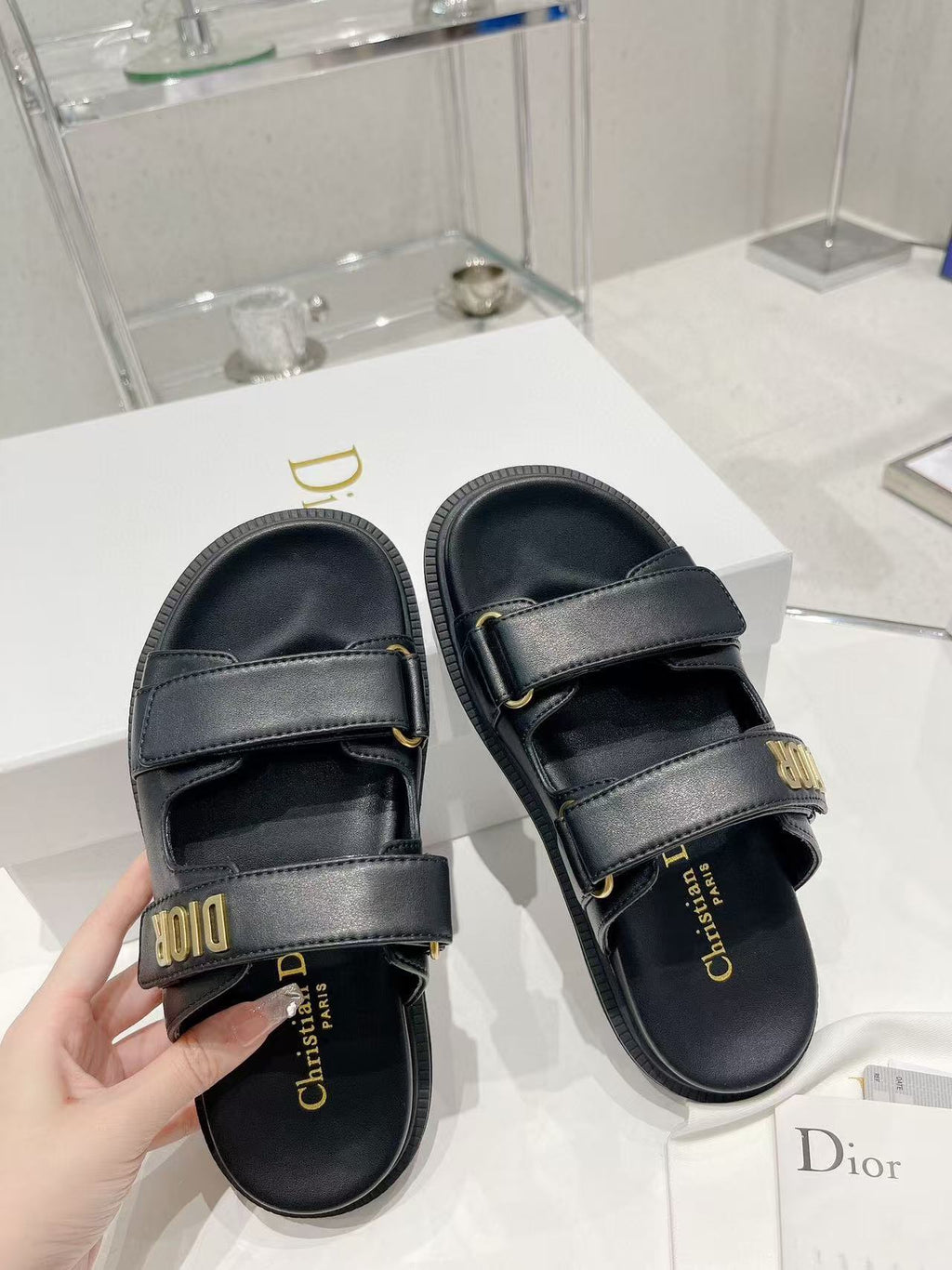Dior CD Act Sandals in Black Lambskin