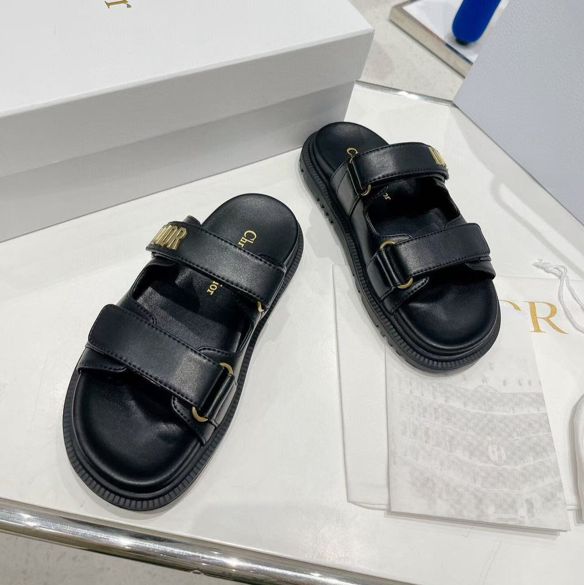 Dior CD Act Sandals in Black Lambskin