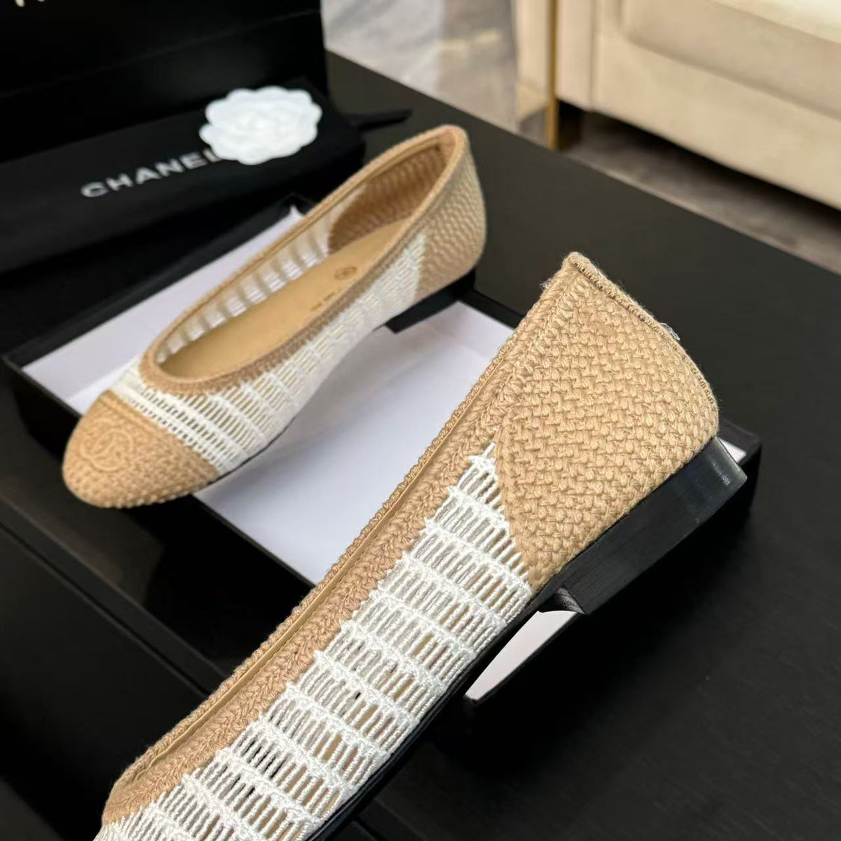 Chanel 2025 Ballet Flat Beige White Raffia