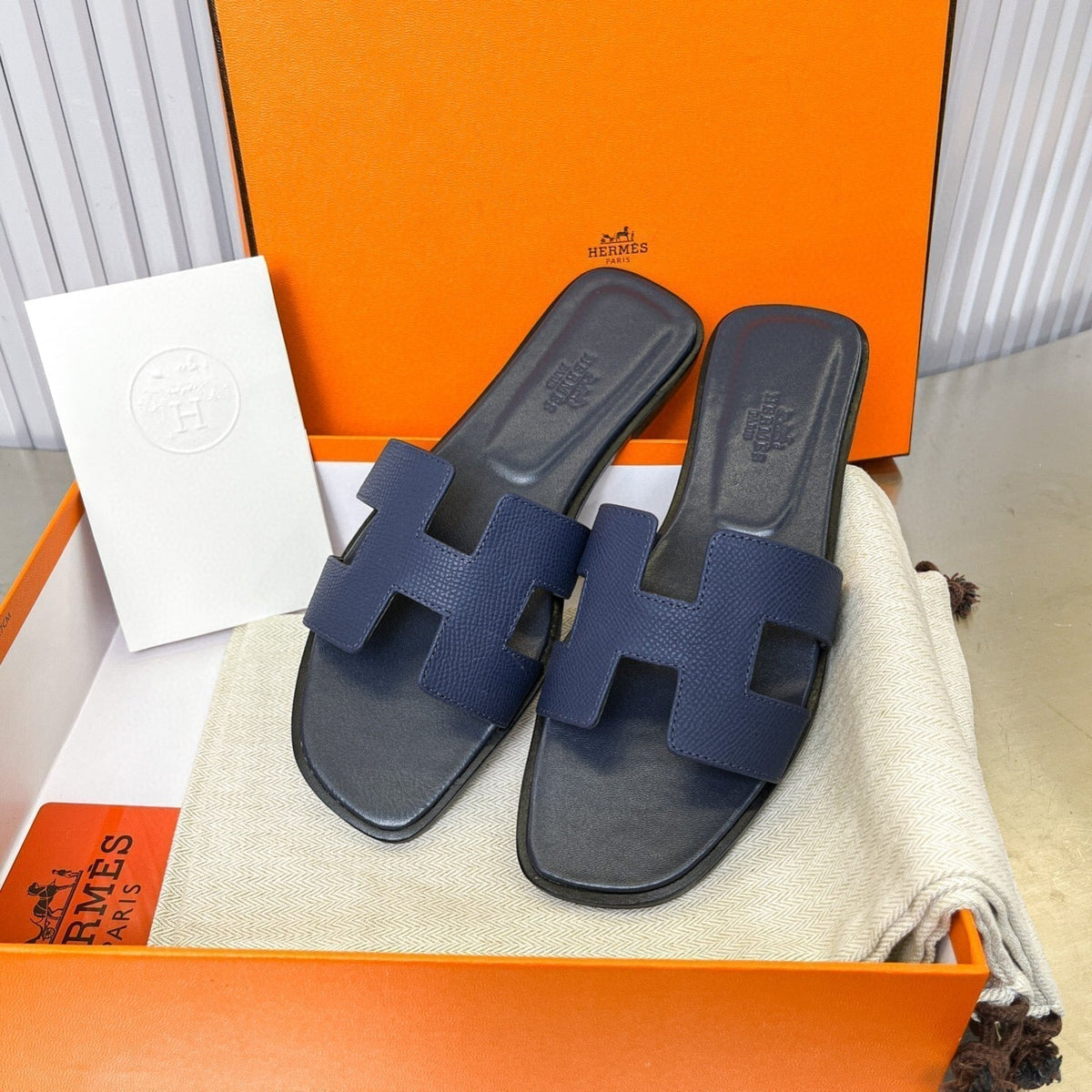 Hermes 0RAN Sandal in Dark Blue Calfskin