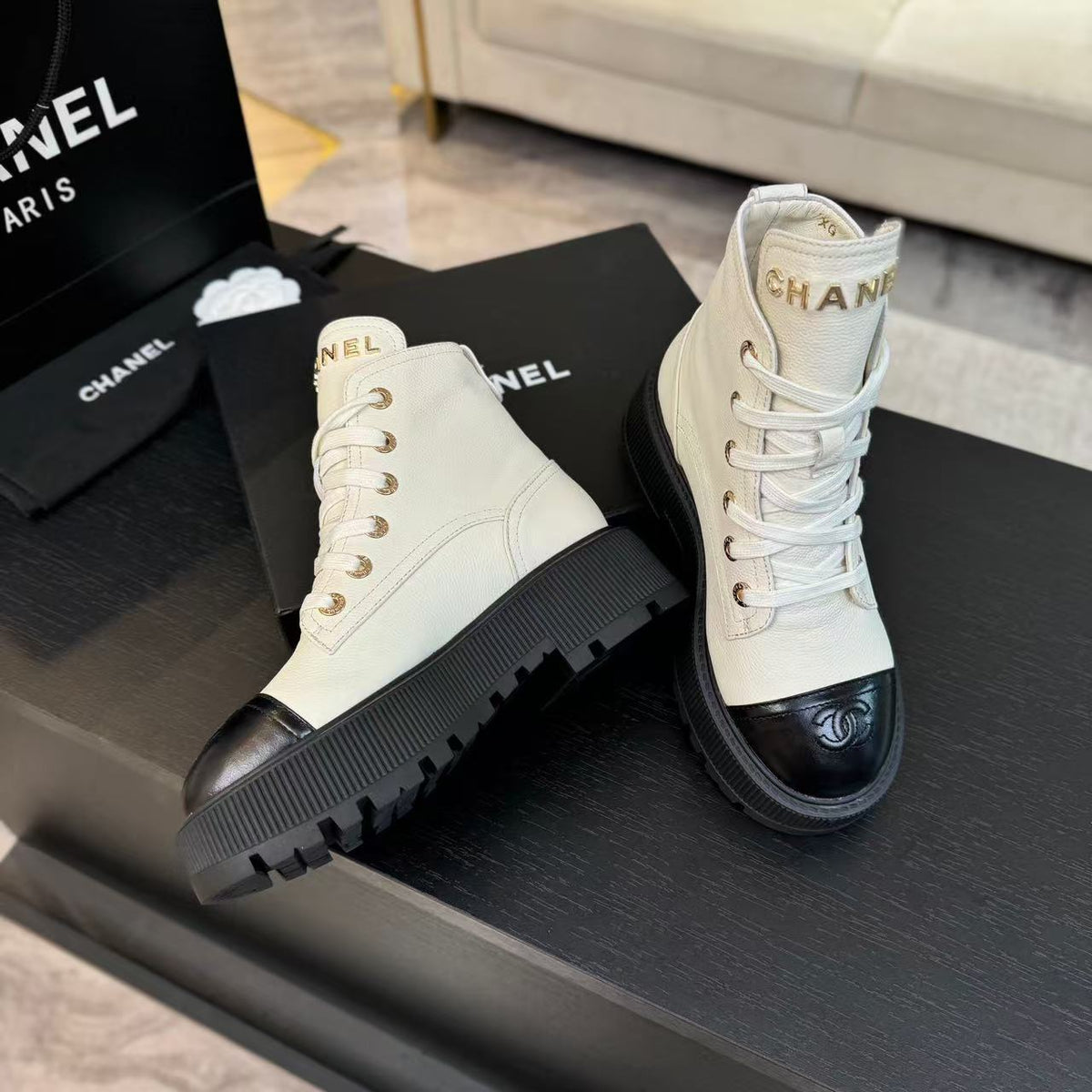 Chanel Ankle Boots in White Mix Black Calfskin 936574