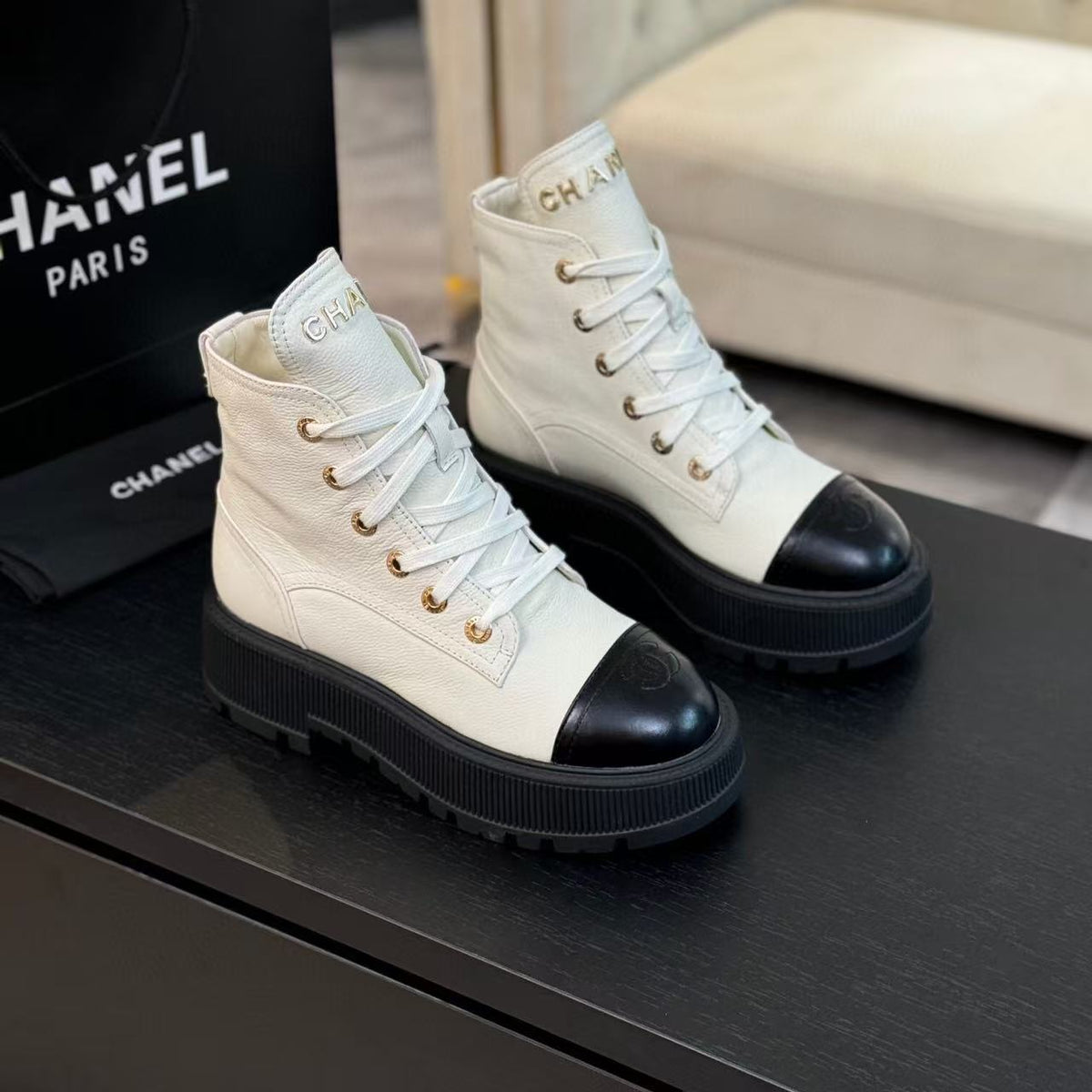 Chanel Ankle Boots in White Mix Black Calfskin 936574