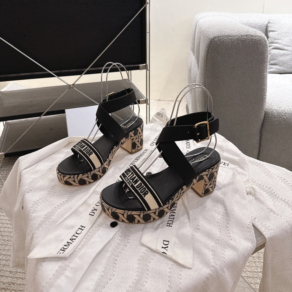 Dior Act Sandals in Black and Beige Embroidery and Calfskin