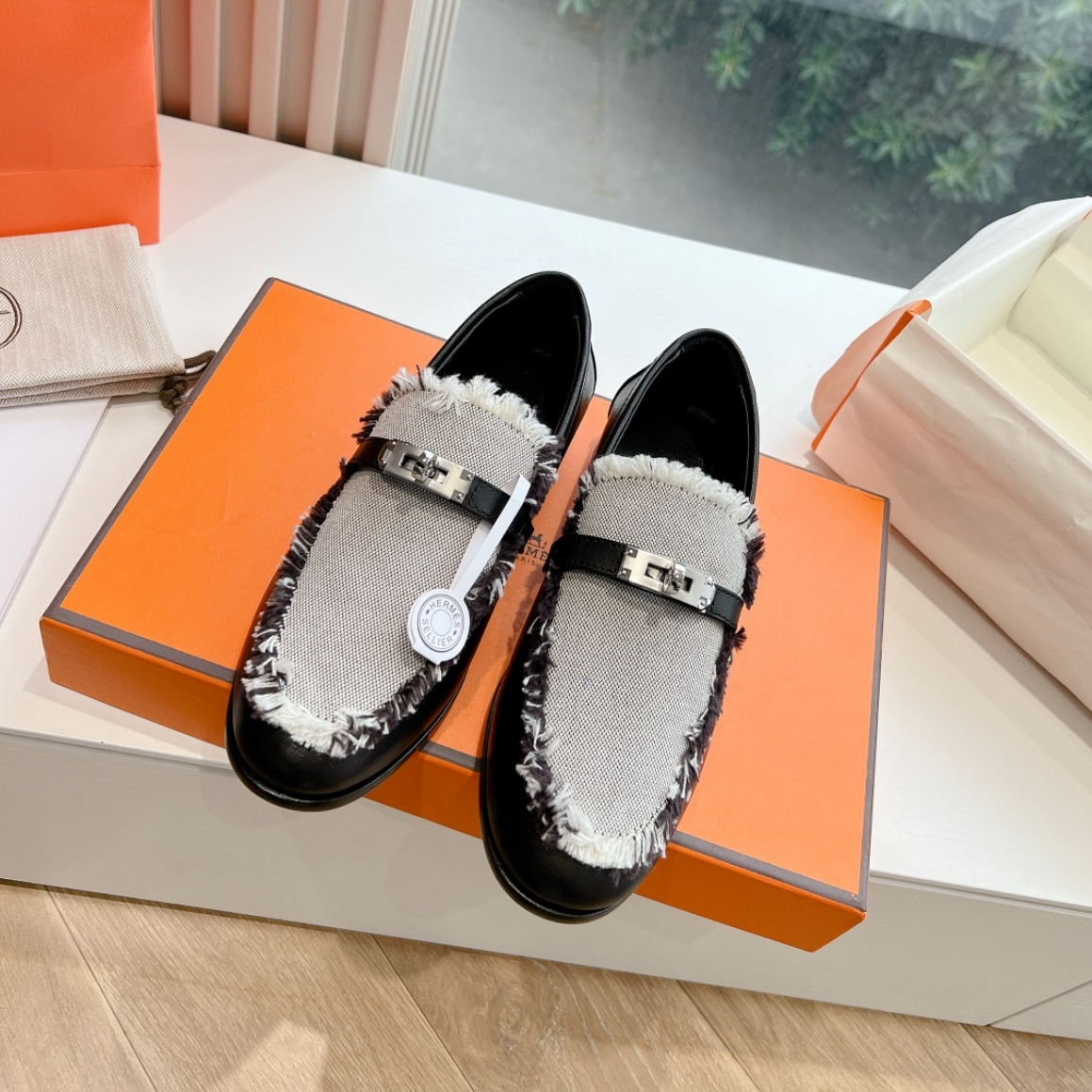 Hermes Destin Loafer Black Calfskin Fringed Canvas
