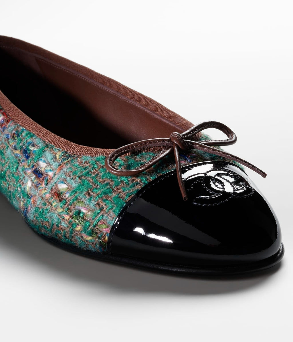 Chanel Ballet Flats Dark Green Brown Tweed