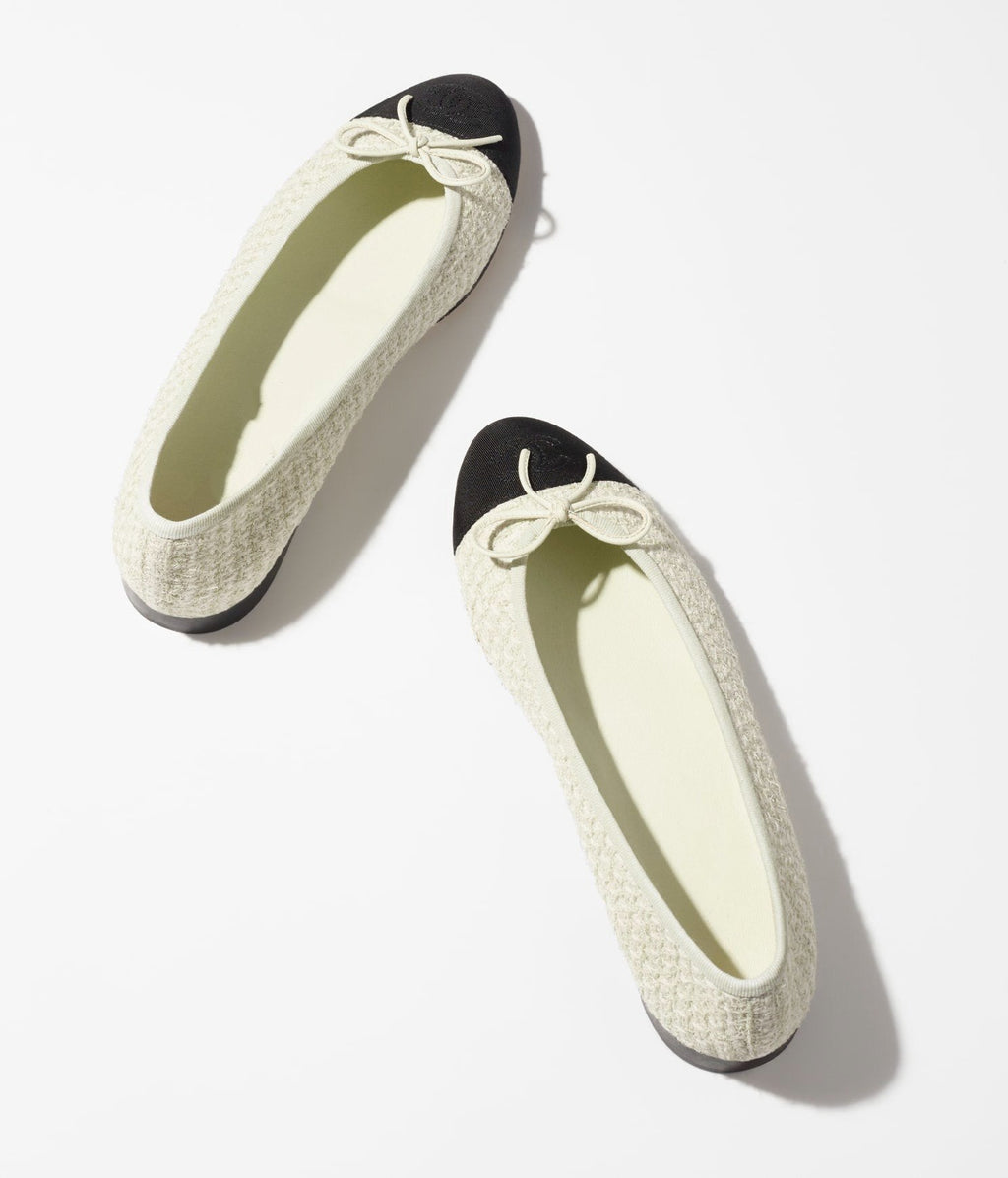 Chanel Ballet Flats Light Gray White Black Tweed