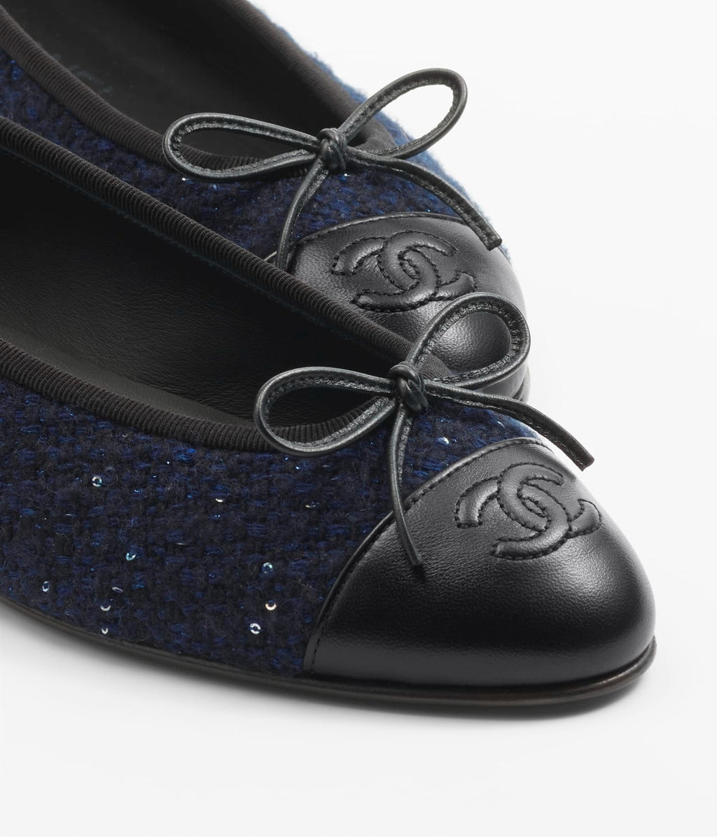 Chanel Ballet Flats Navy Blue Black Tweed