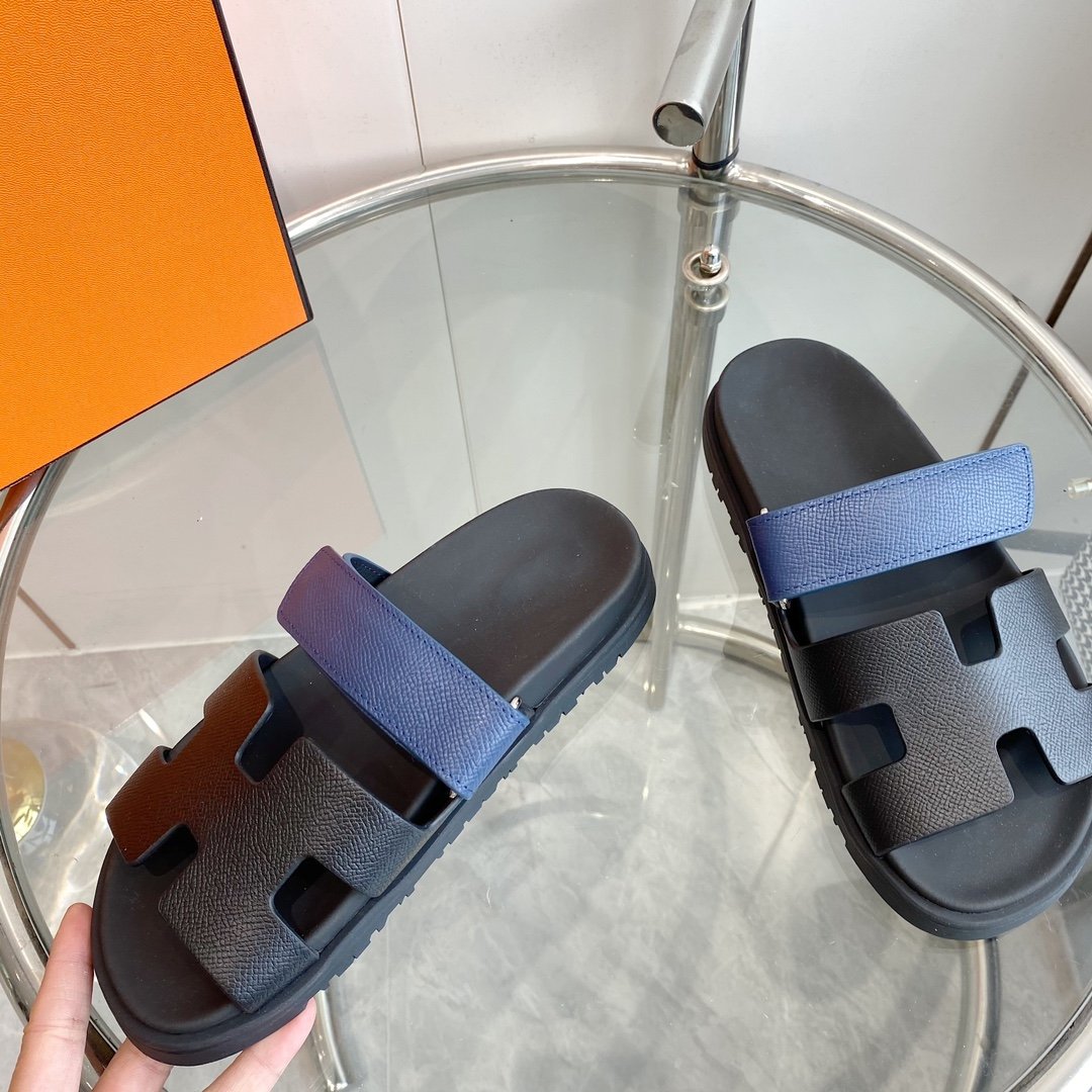 Hermes Chypre Sandal Black with Blue Straps Leather