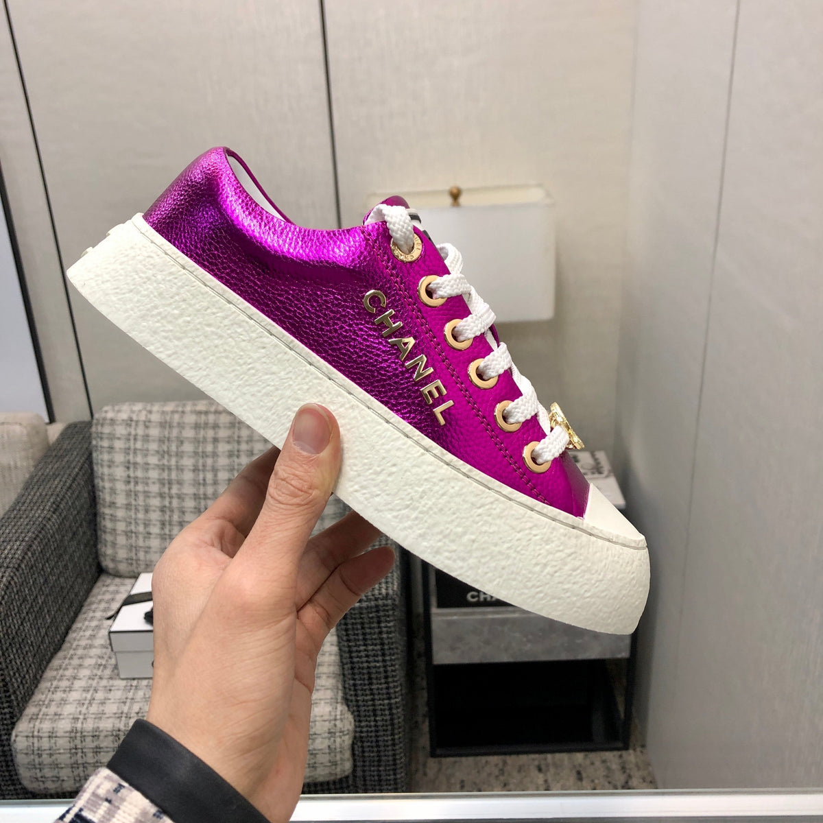 Chanel Casual Sneaker in Magenta Purple Metallic Lambskin with Gold Logo