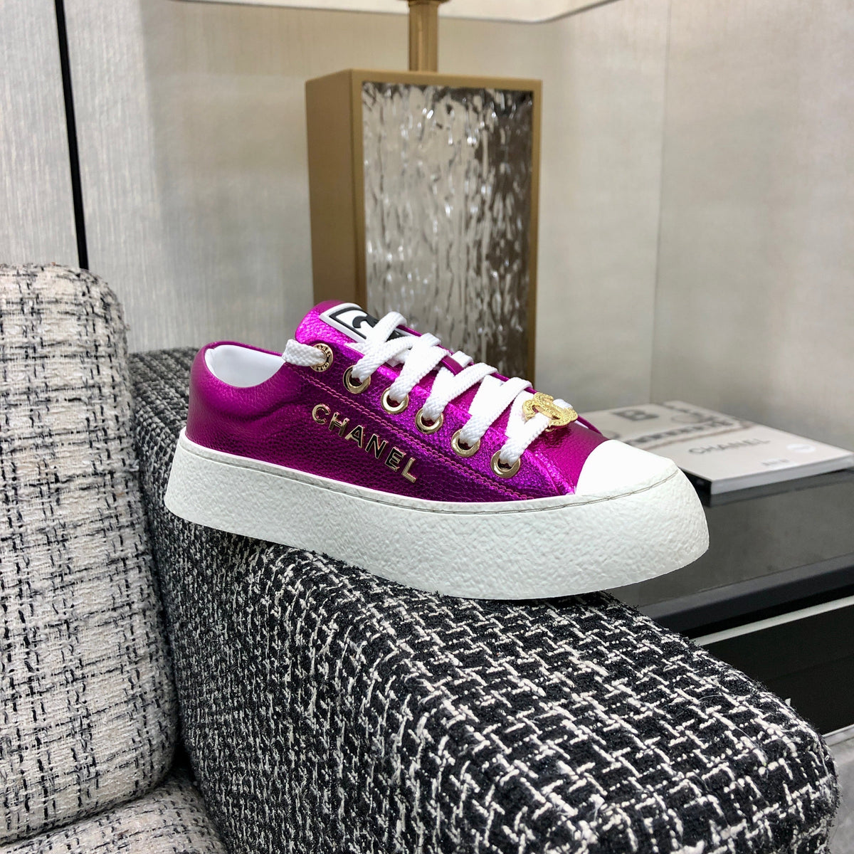 Chanel Casual Sneaker in Magenta Purple Metallic Lambskin with Gold Logo