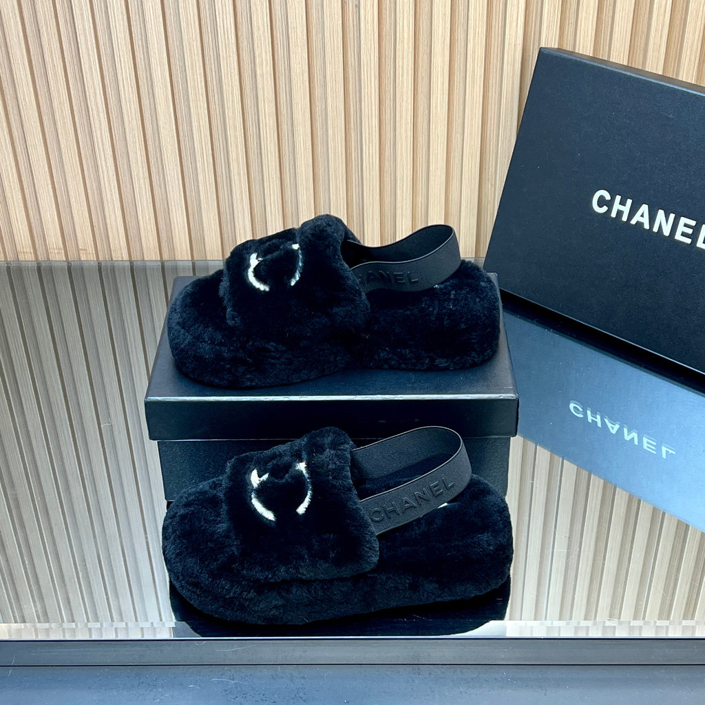 Chanel 25S Thick-Soled Furry Slippers with Elastic Straps in Black Fur