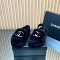 Chanel 25S Thick-Soled Furry Slippers with Elastic Straps in Black Fur