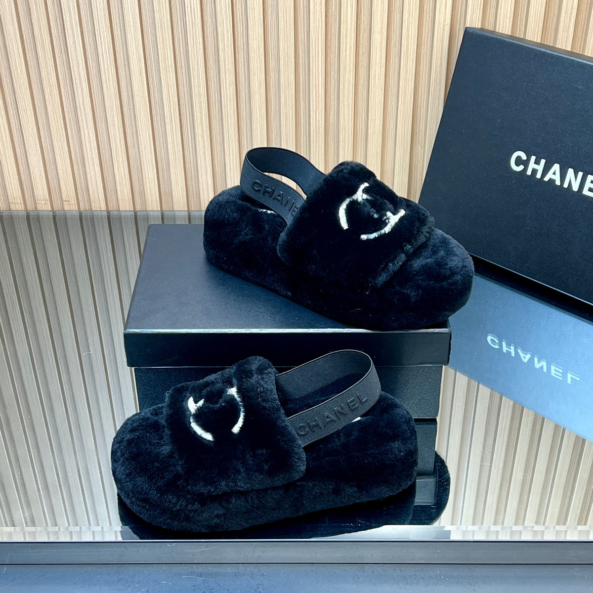 Chanel 25S Thick-Soled Furry Slippers with Elastic Straps in Black Fur