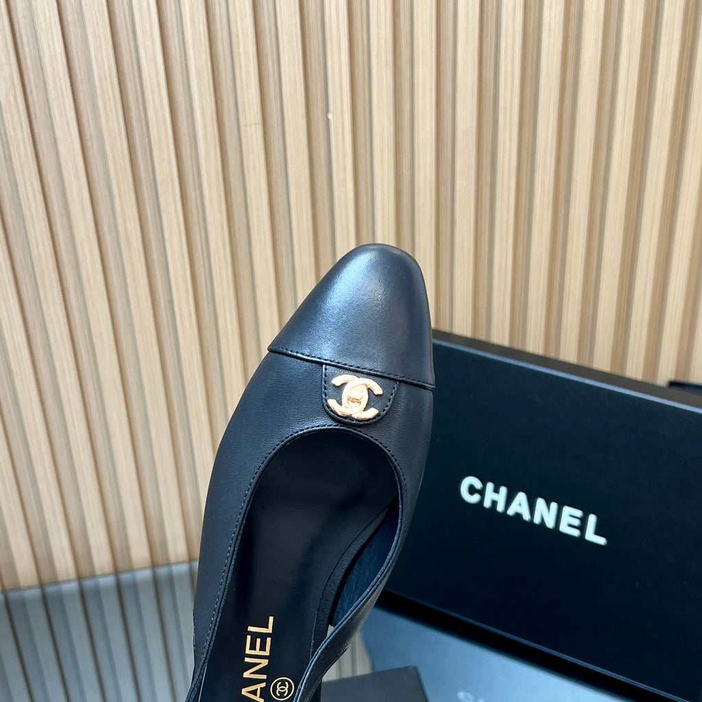 Chanel 25S Slingback Flats in Black Calfskin Gold Hardwre
