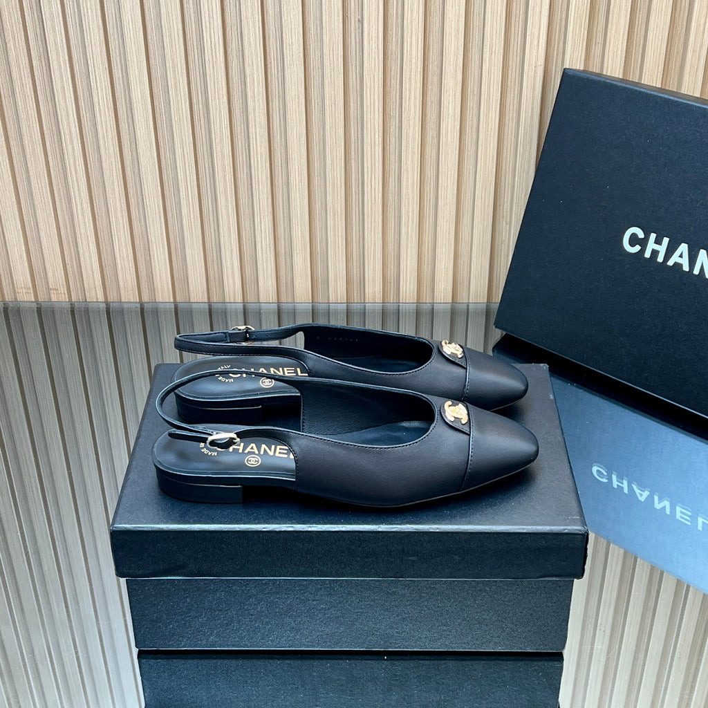 Chanel 25S Slingback Flats in Black Calfskin Gold Hardwre