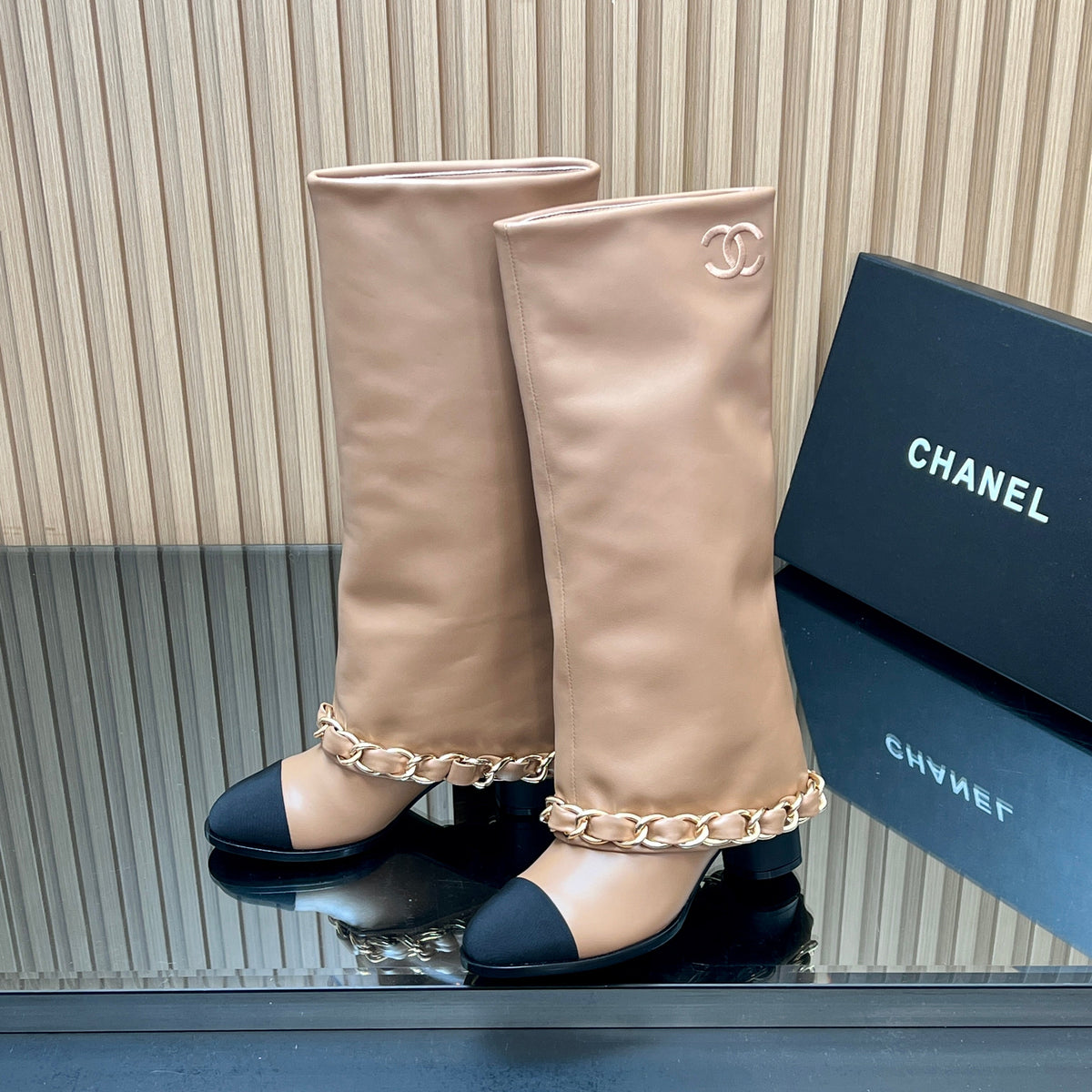 Chanel 25S Knee-High Heeled Boots 65mm in Beige Calfskin Gold Hardwre