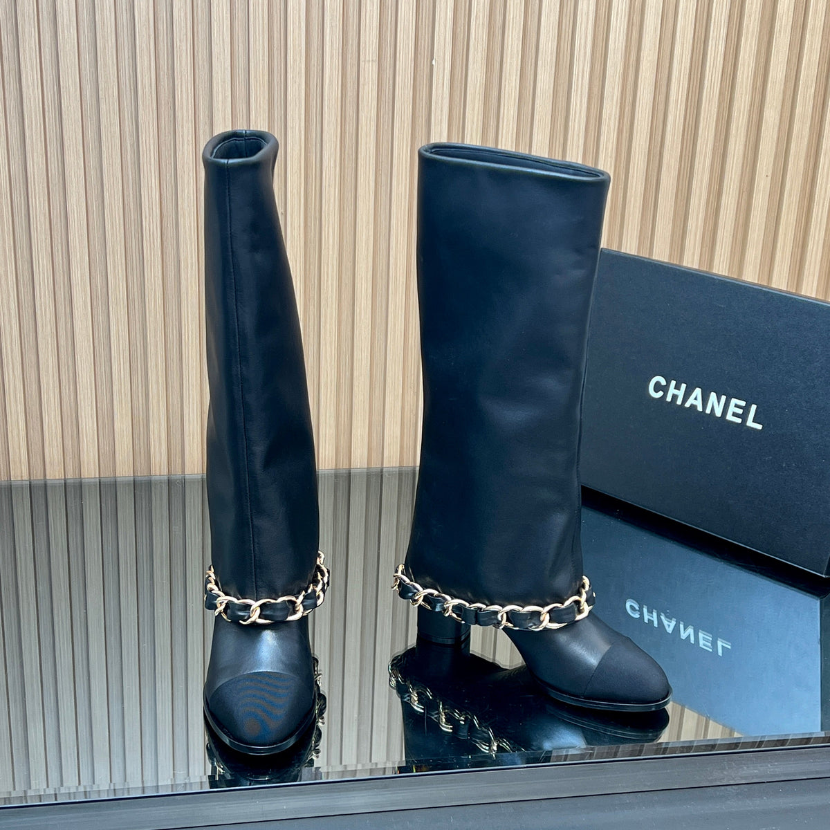 Chanel 25S Knee-High Heeled Boots 65mm in Black Calfskin Gold Hardwre