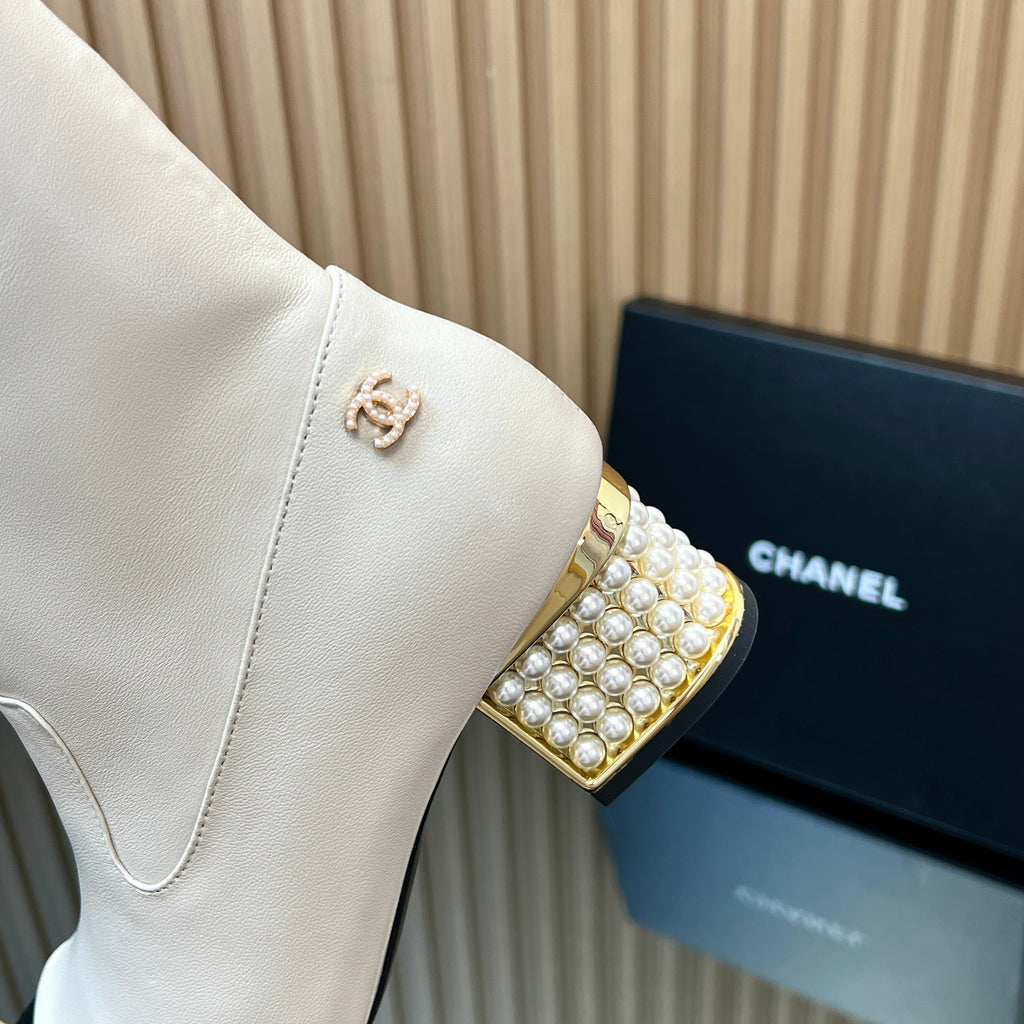 Chanel 25S Tall Boots with Pearl Details 50mm in White Calfskin and Black Suede