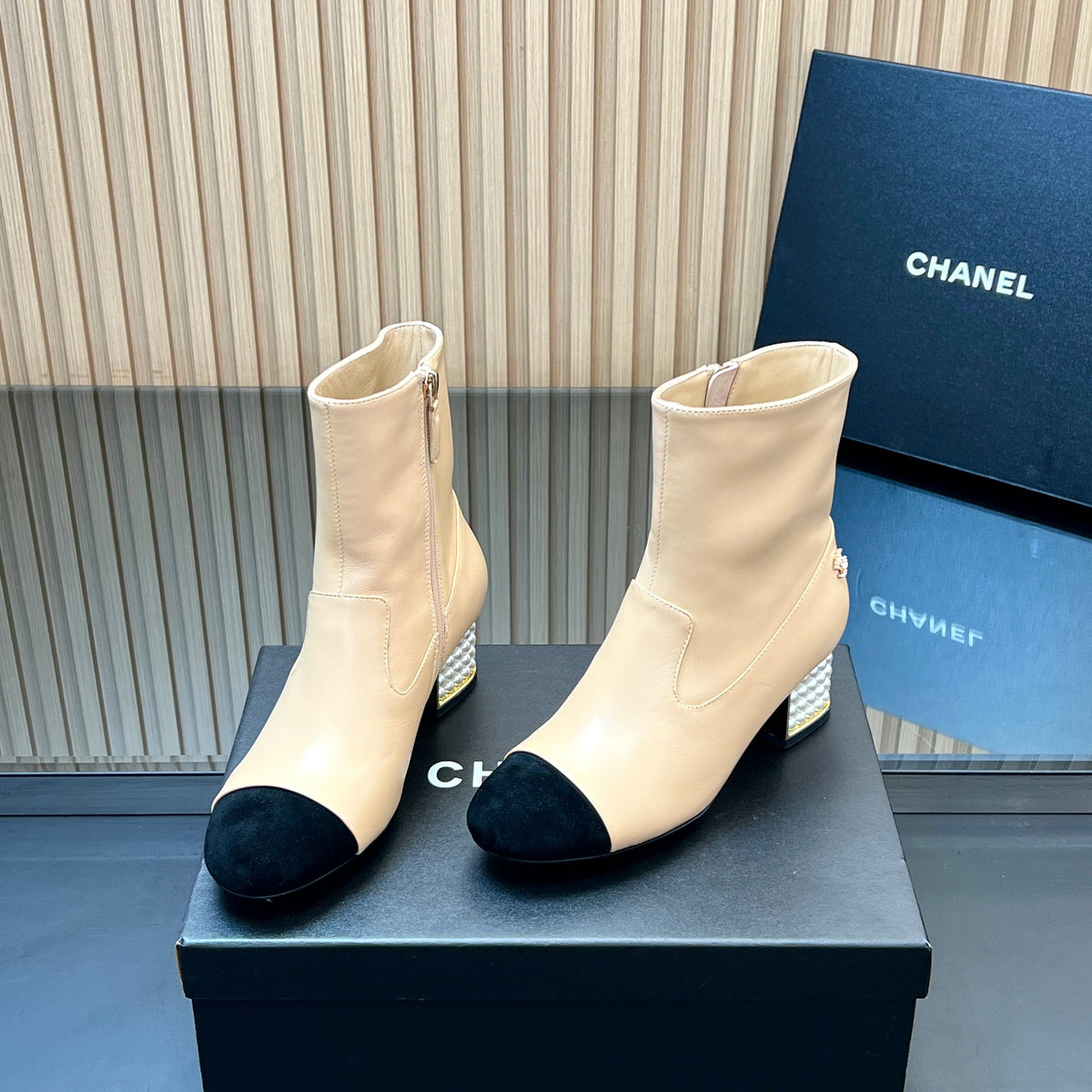 Chanel 25S Tall Boots with Pearl Details 50mm in Beige Calfskin and Black Suede