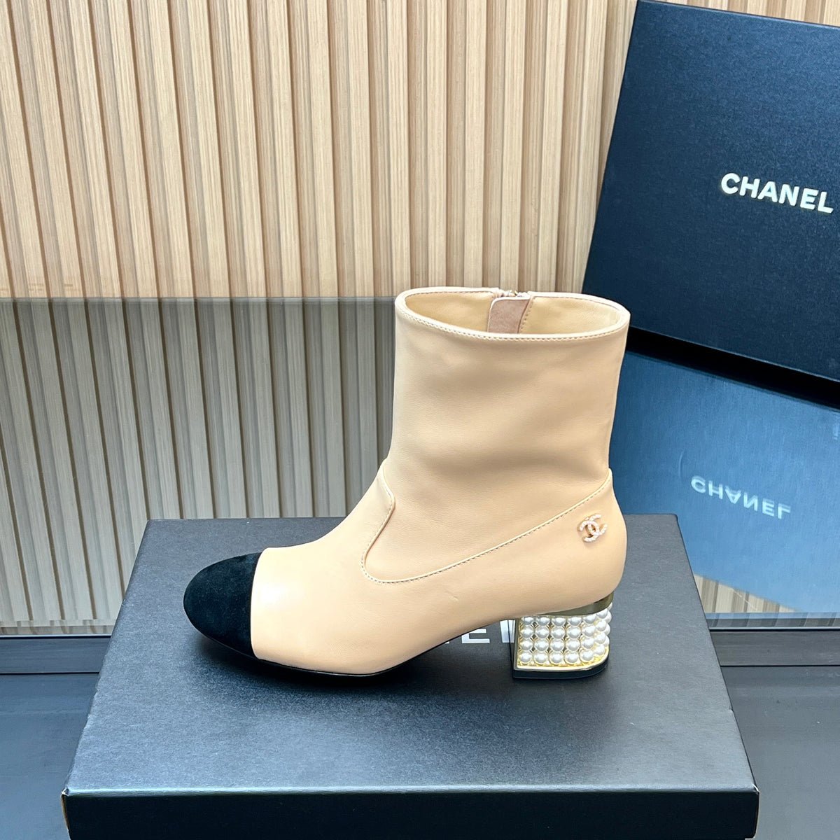 Chanel 25S Tall Boots with Pearl Details 50mm in Beige Calfskin and Black Suede