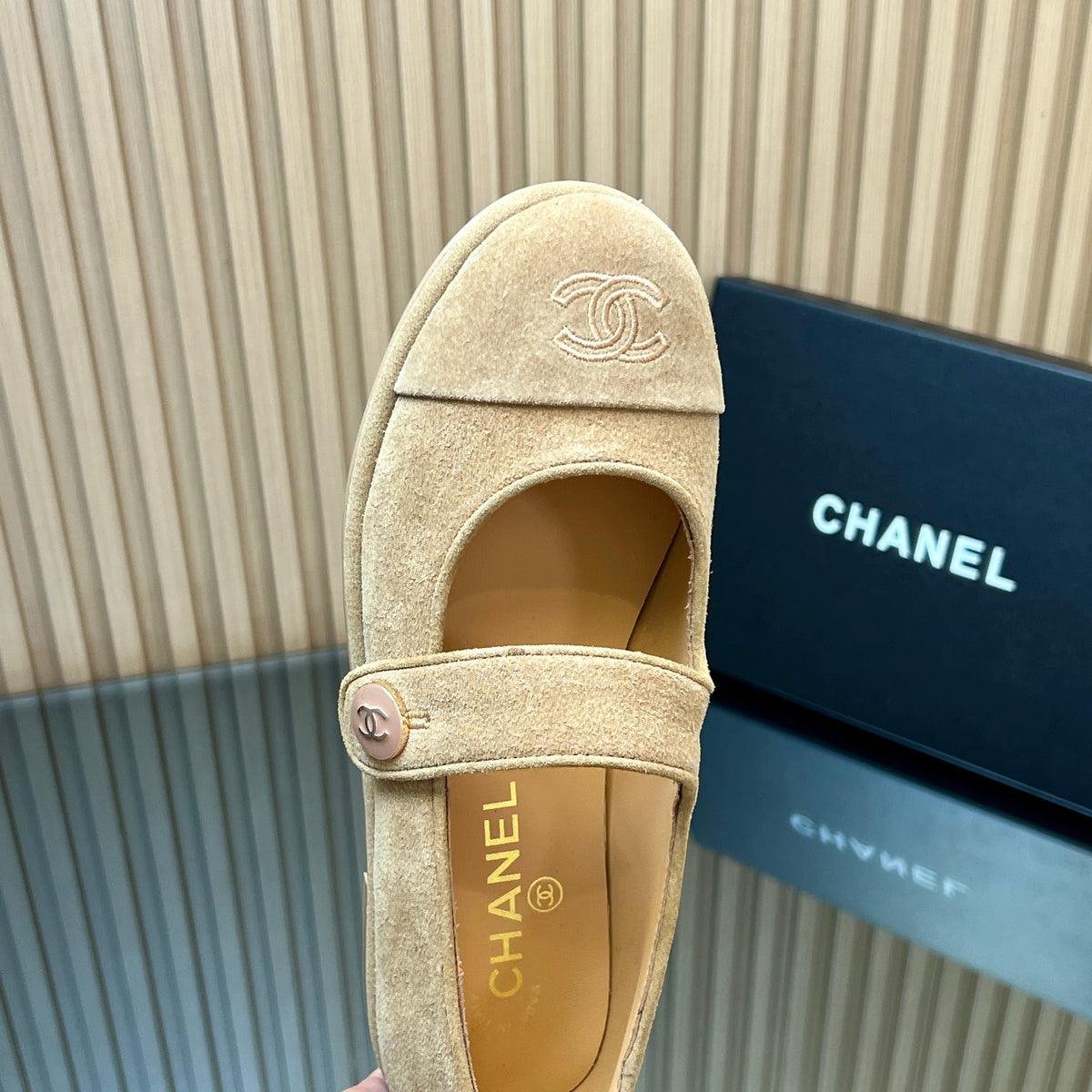 Chanel 25S Double-Strap Mary Jane Shoes in Light Brown Suede