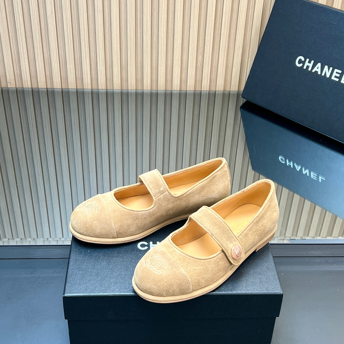 Chanel 25S Double-Strap Mary Jane Shoes in Light Brown Suede