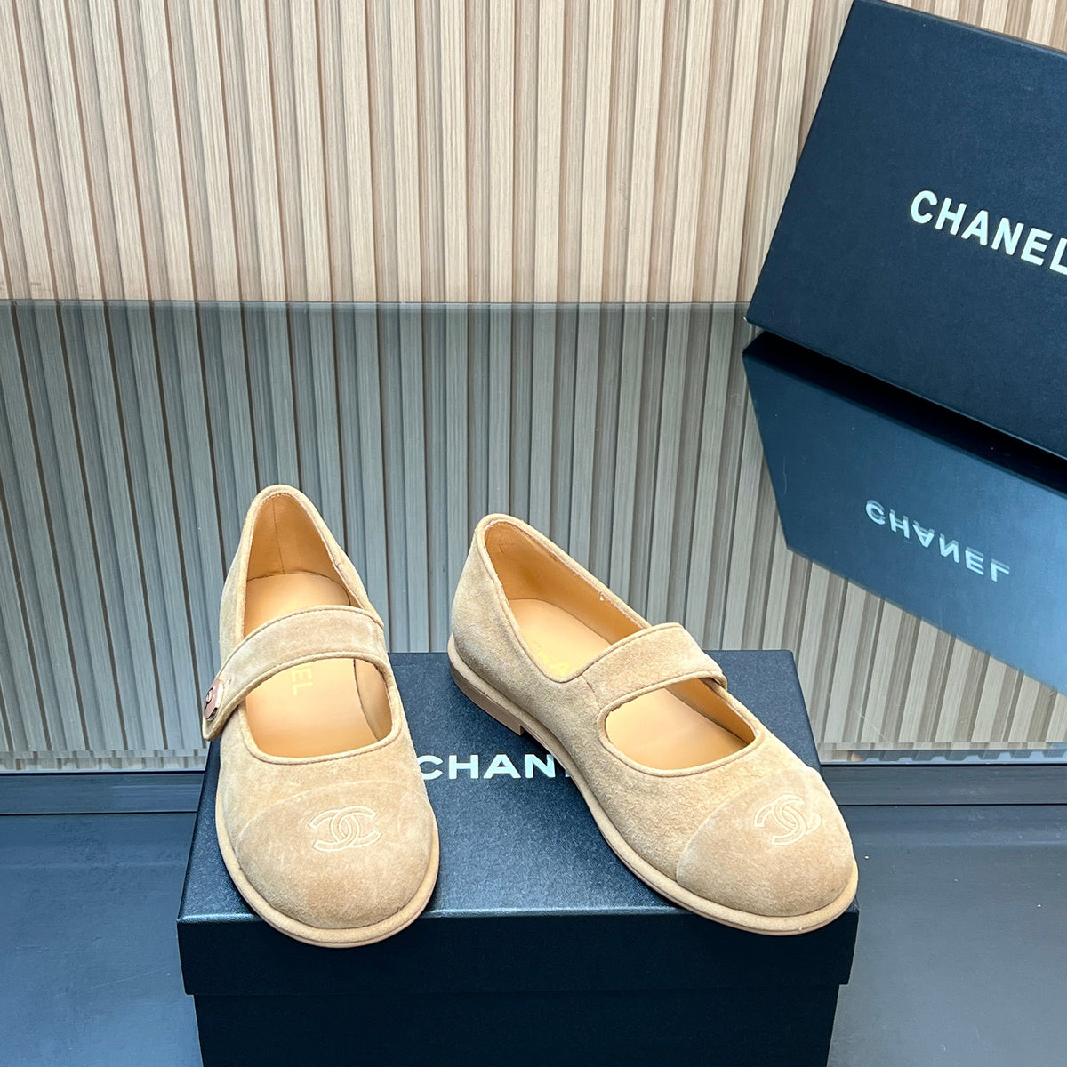 Chanel 25S Double-Strap Mary Jane Shoes in Light Brown Suede
