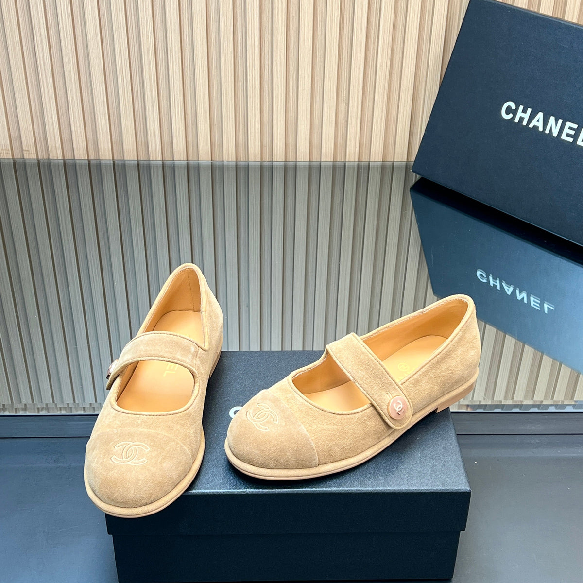 Chanel 25S Double-Strap Mary Jane Shoes in Light Brown Suede