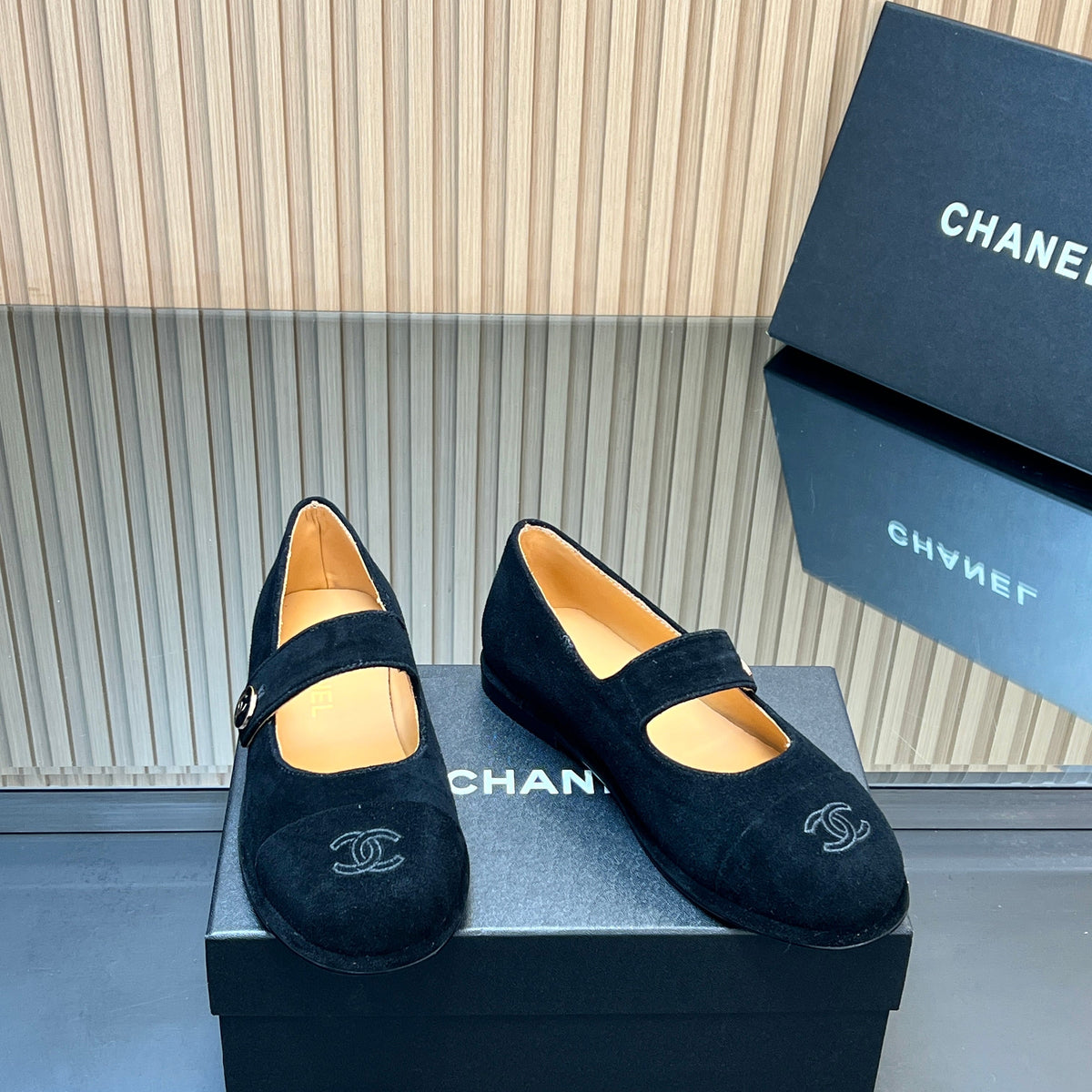 Chanel 25S Double-Strap Mary Jane Shoes in Black Suede