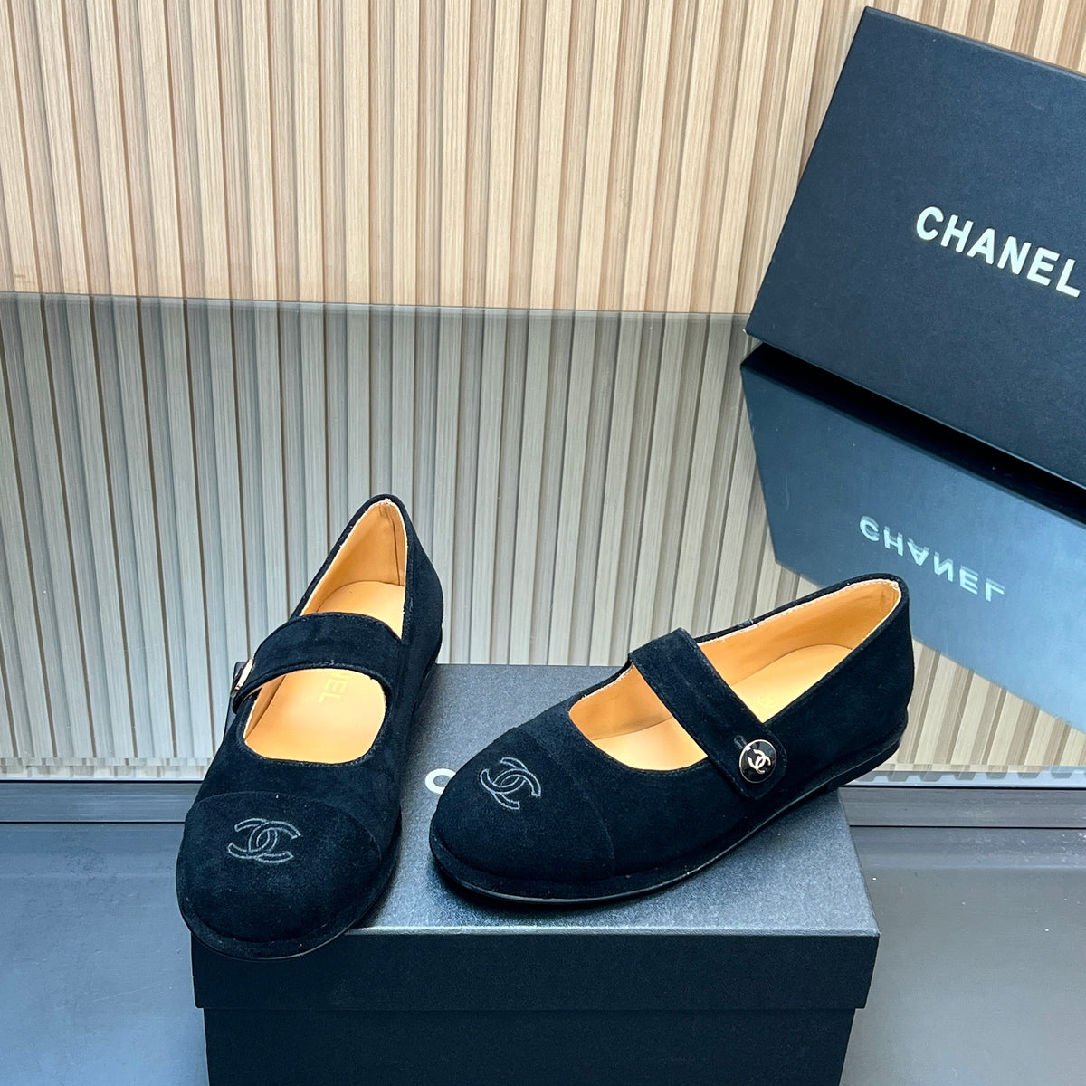 Chanel 25S Double-Strap Mary Jane Shoes in Black Suede