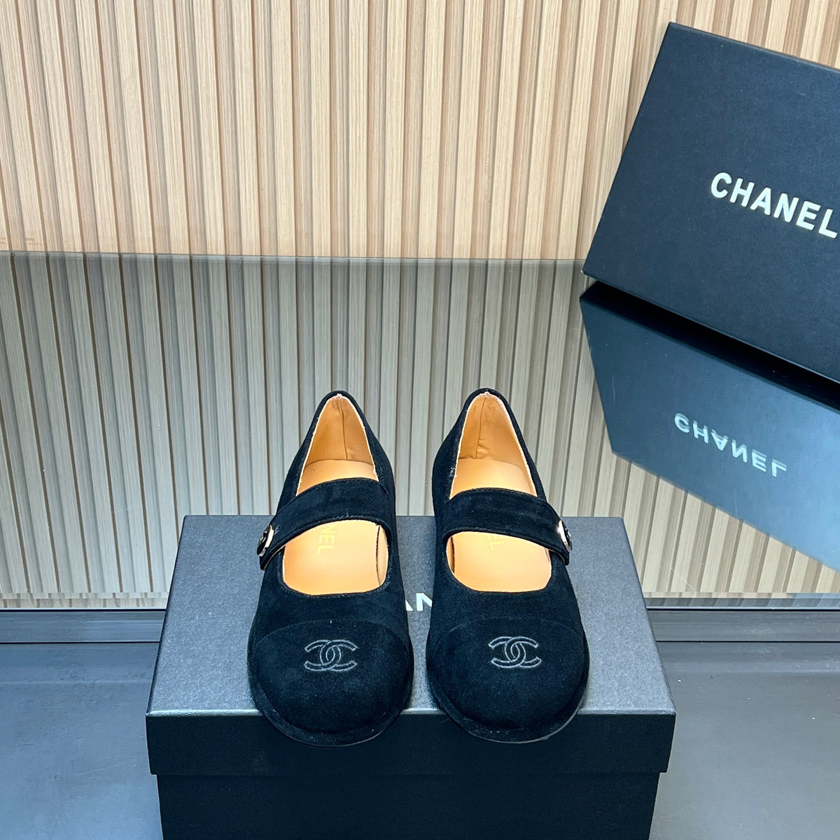Chanel 25S Double-Strap Mary Jane Shoes in Black Suede