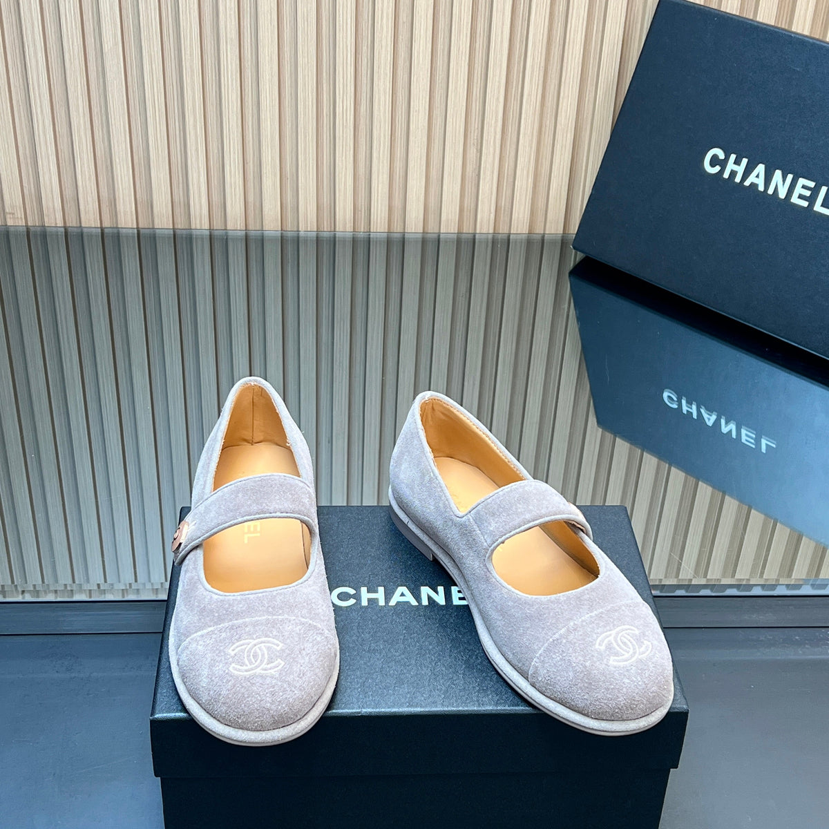 Chanel 25S Double-Strap Mary Jane Shoes in Light Gray Suede