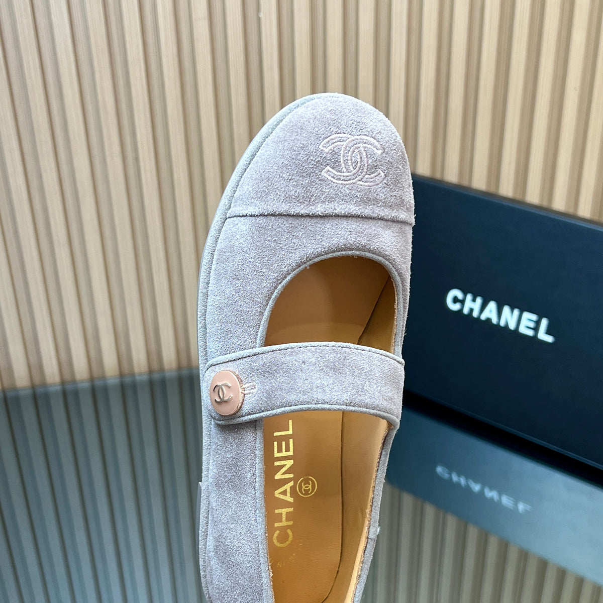 Chanel 25S Double-Strap Mary Jane Shoes in Light Gray Suede