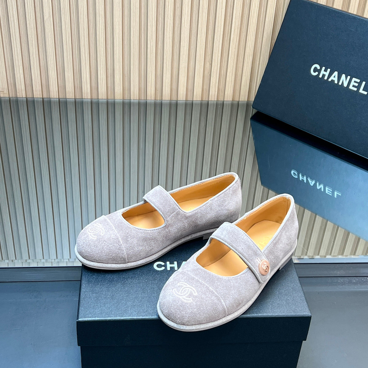 Chanel 25S Double-Strap Mary Jane Shoes in Light Gray Suede