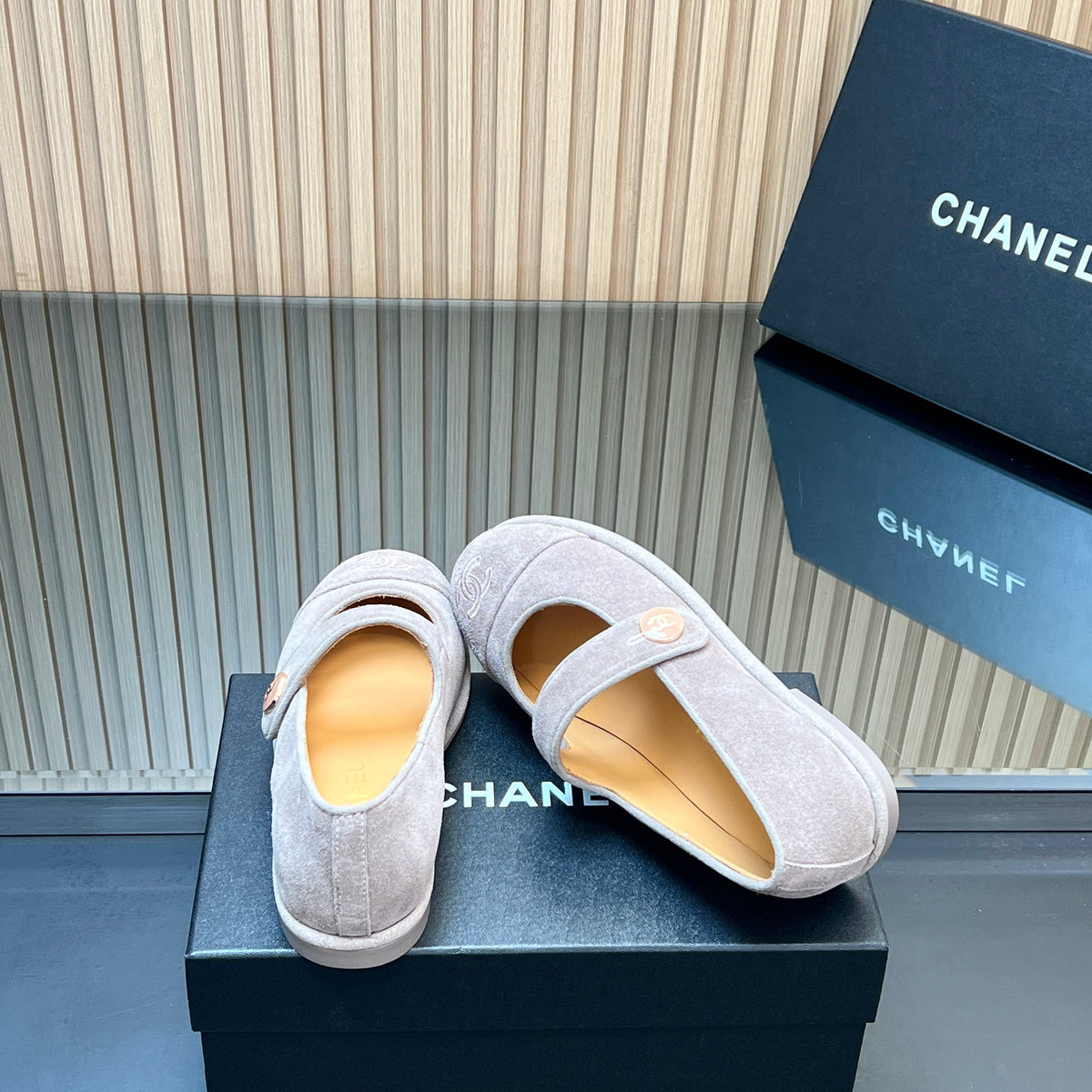 Chanel 25S Double-Strap Mary Jane Shoes in Light Gray Suede