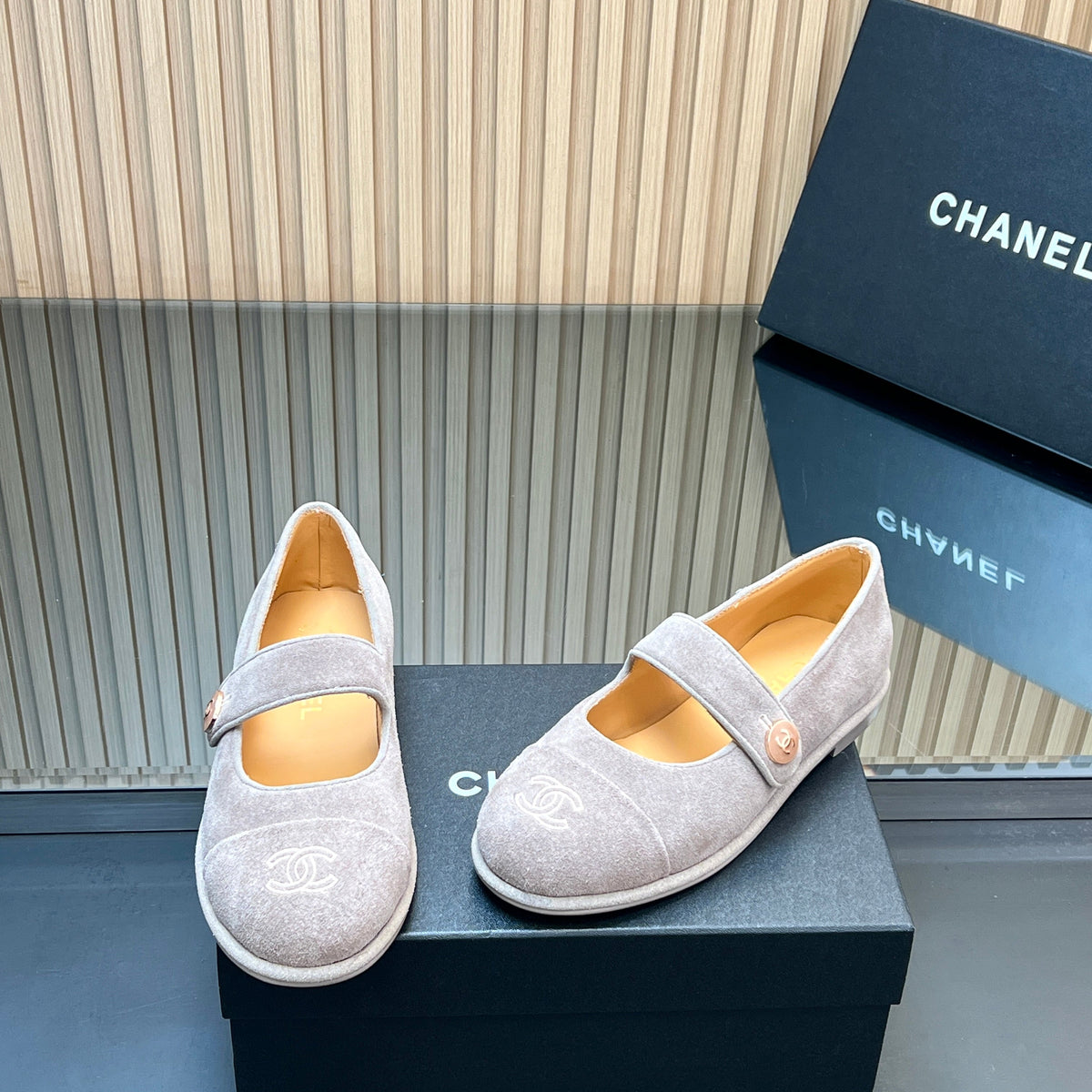 Chanel 25S Double-Strap Mary Jane Shoes in Light Gray Suede