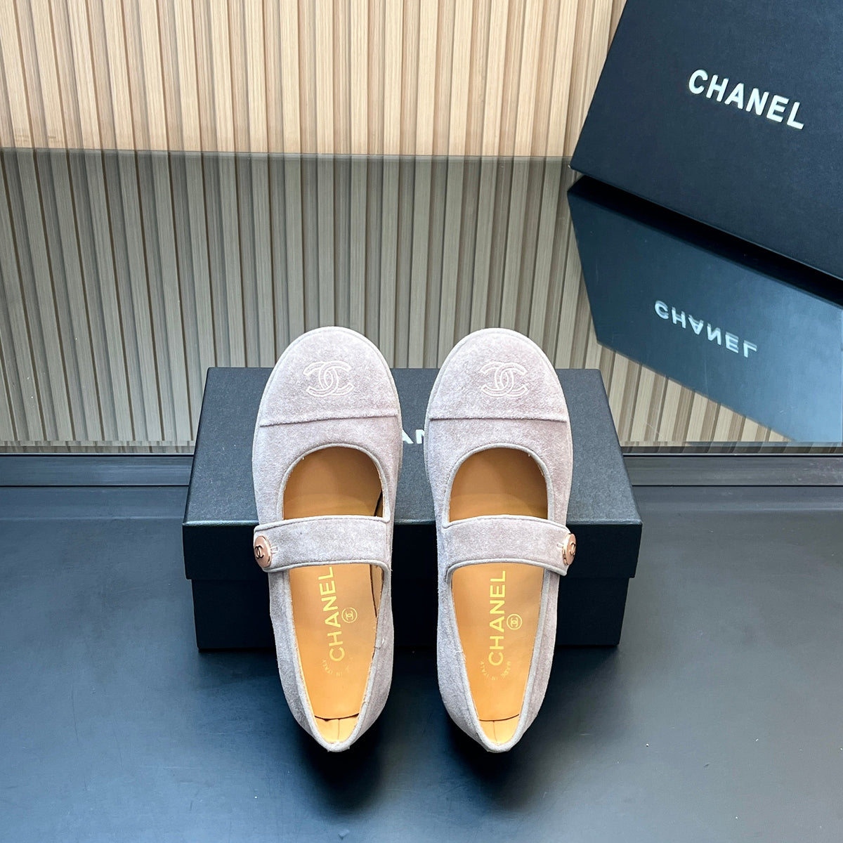 Chanel 25S Double-Strap Mary Jane Shoes in Light Gray Suede