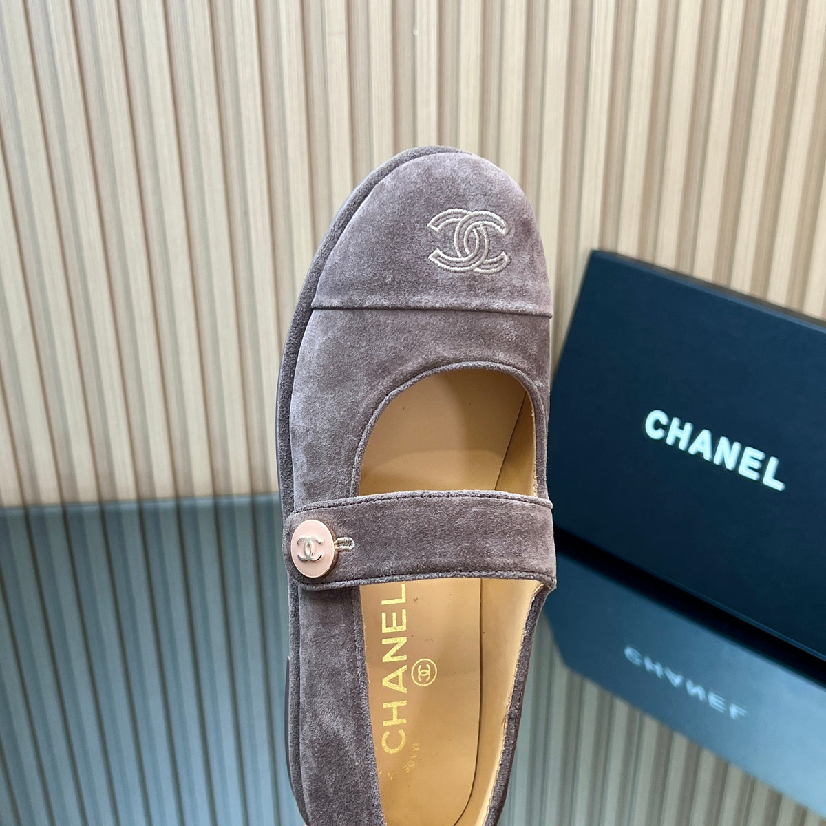 Chanel 25S Double-Strap Mary Jane Shoes in Taupe Gray Suede
