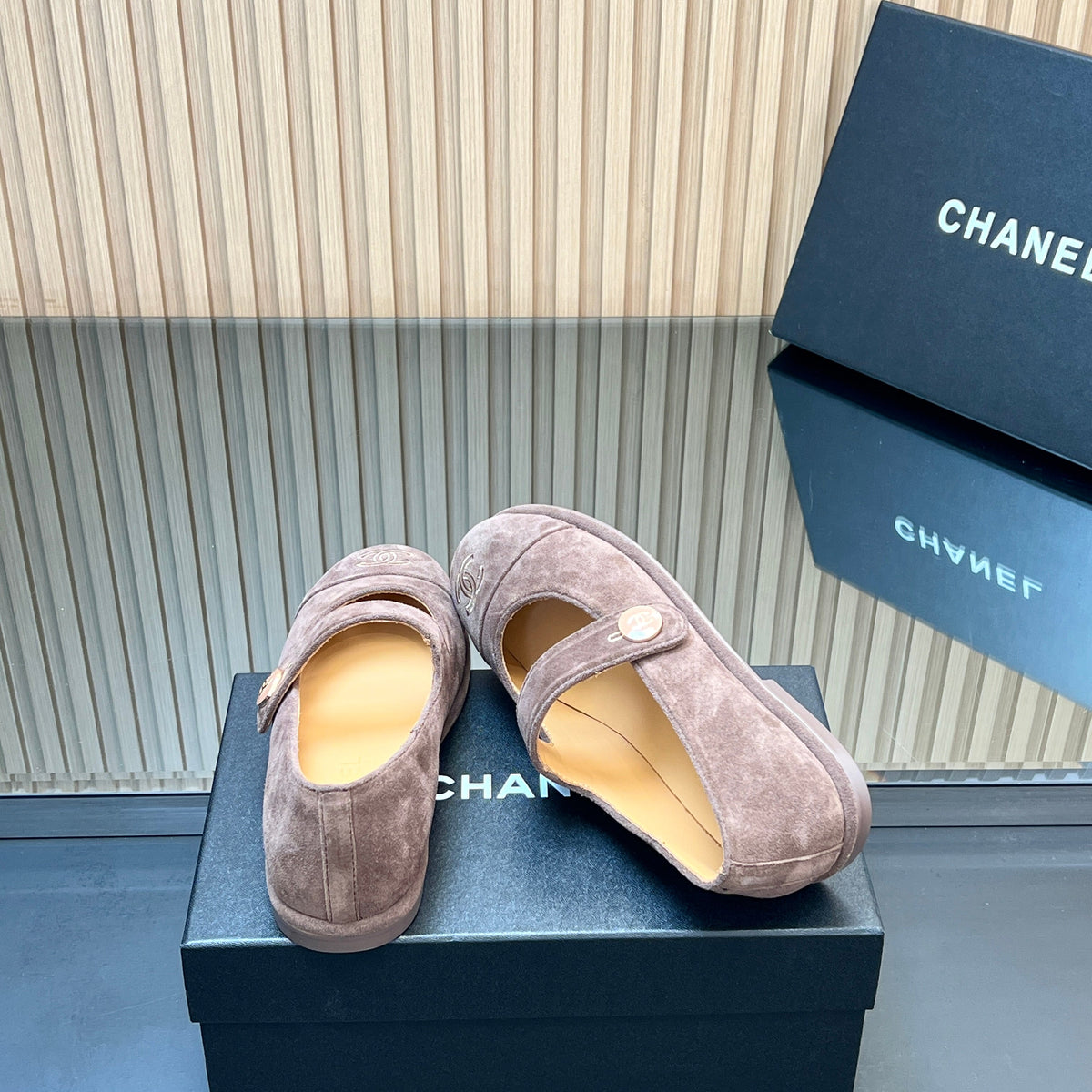 Chanel 25S Double-Strap Mary Jane Shoes in Taupe Gray Suede
