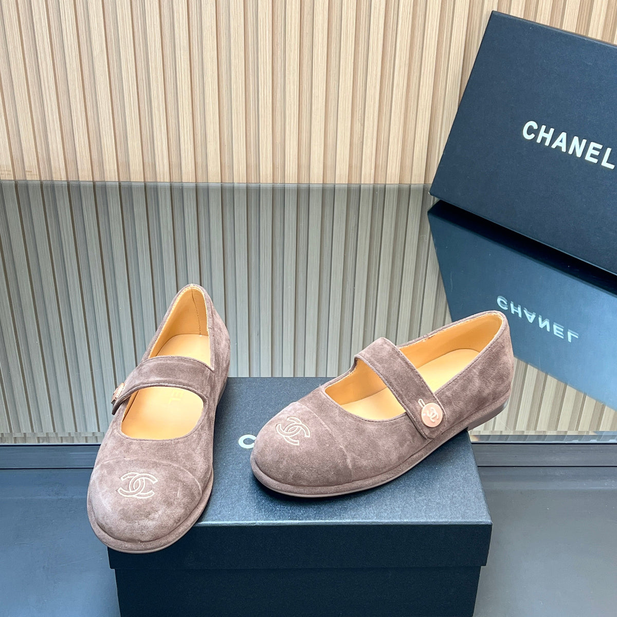 Chanel 25S Double-Strap Mary Jane Shoes in Taupe Gray Suede