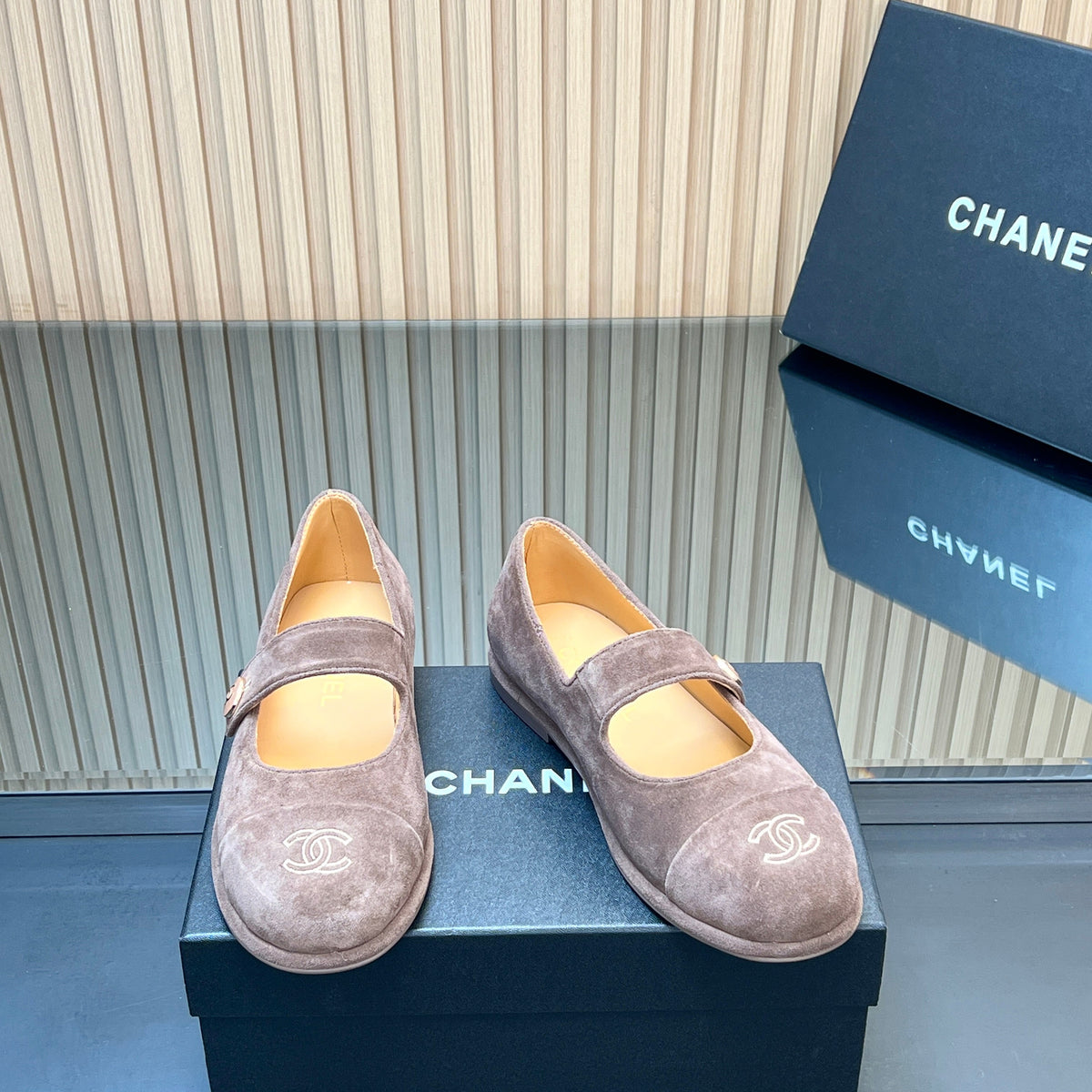 Chanel 25S Double-Strap Mary Jane Shoes in Taupe Gray Suede