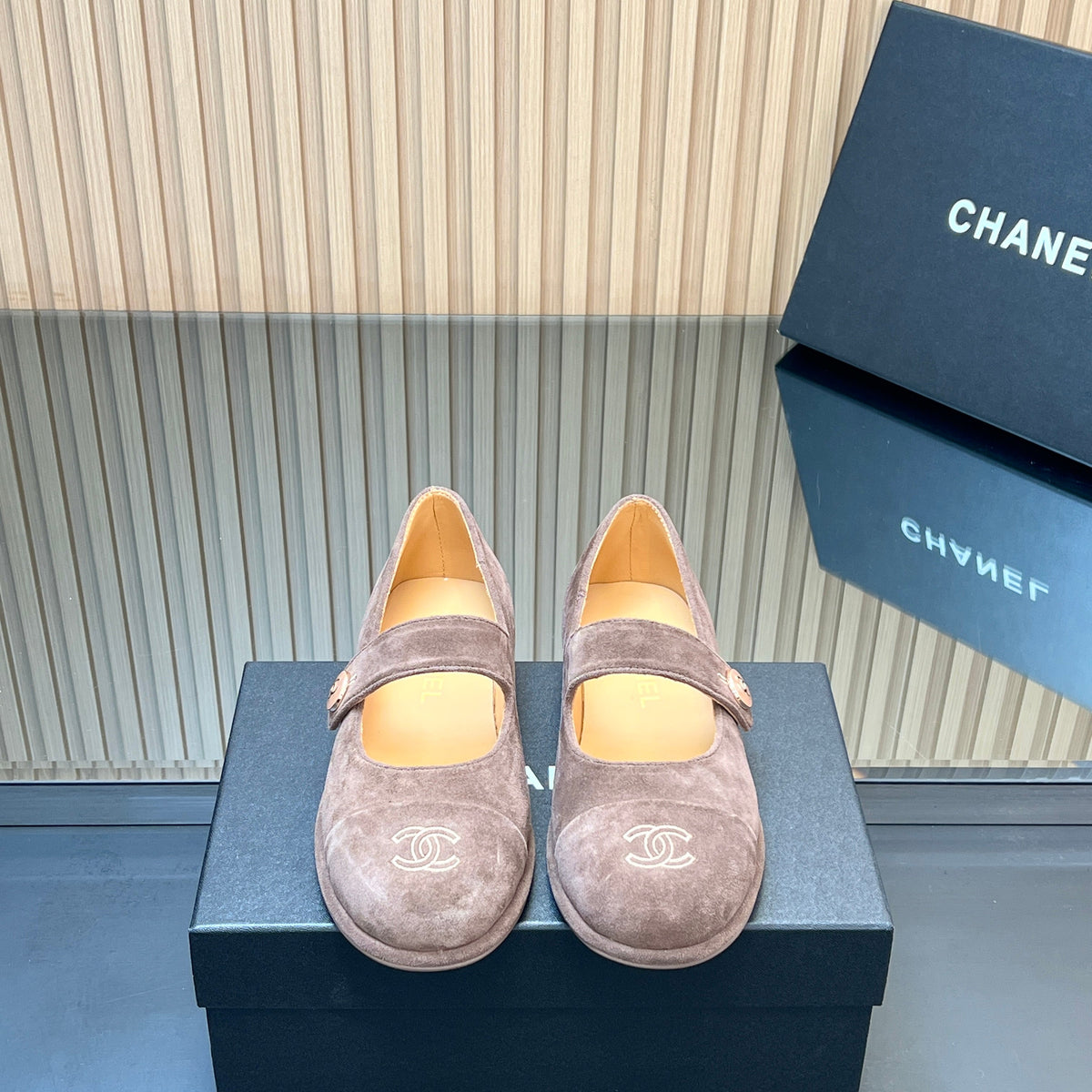 Chanel 25S Double-Strap Mary Jane Shoes in Taupe Gray Suede