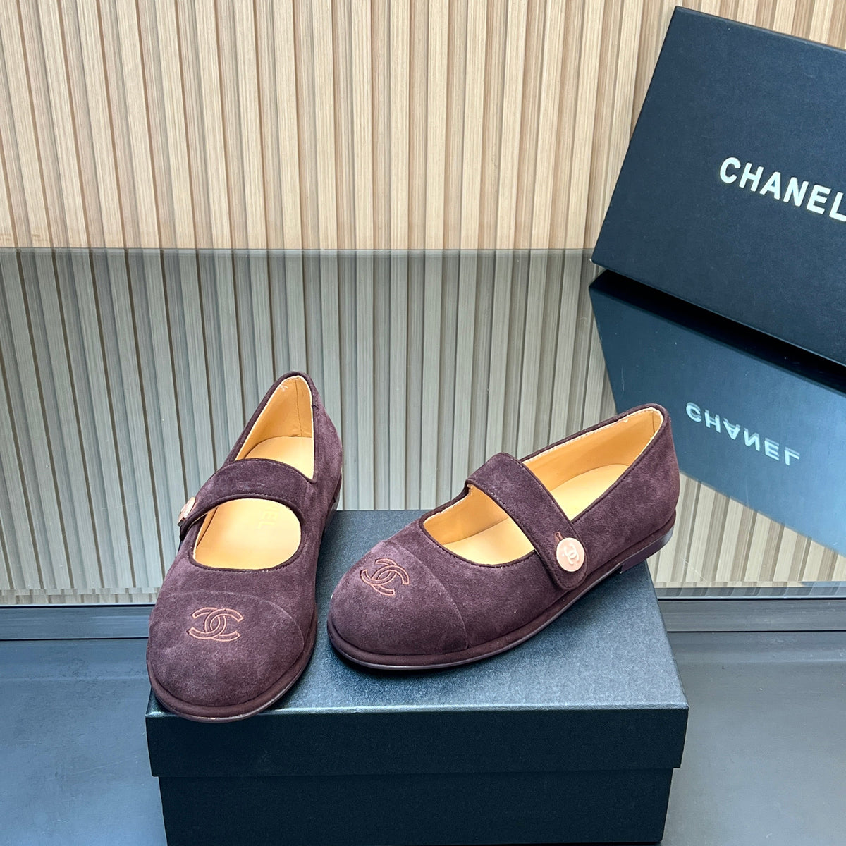 Chanel 25S Double-Strap Mary Jane Shoes in Dark Purple Suede