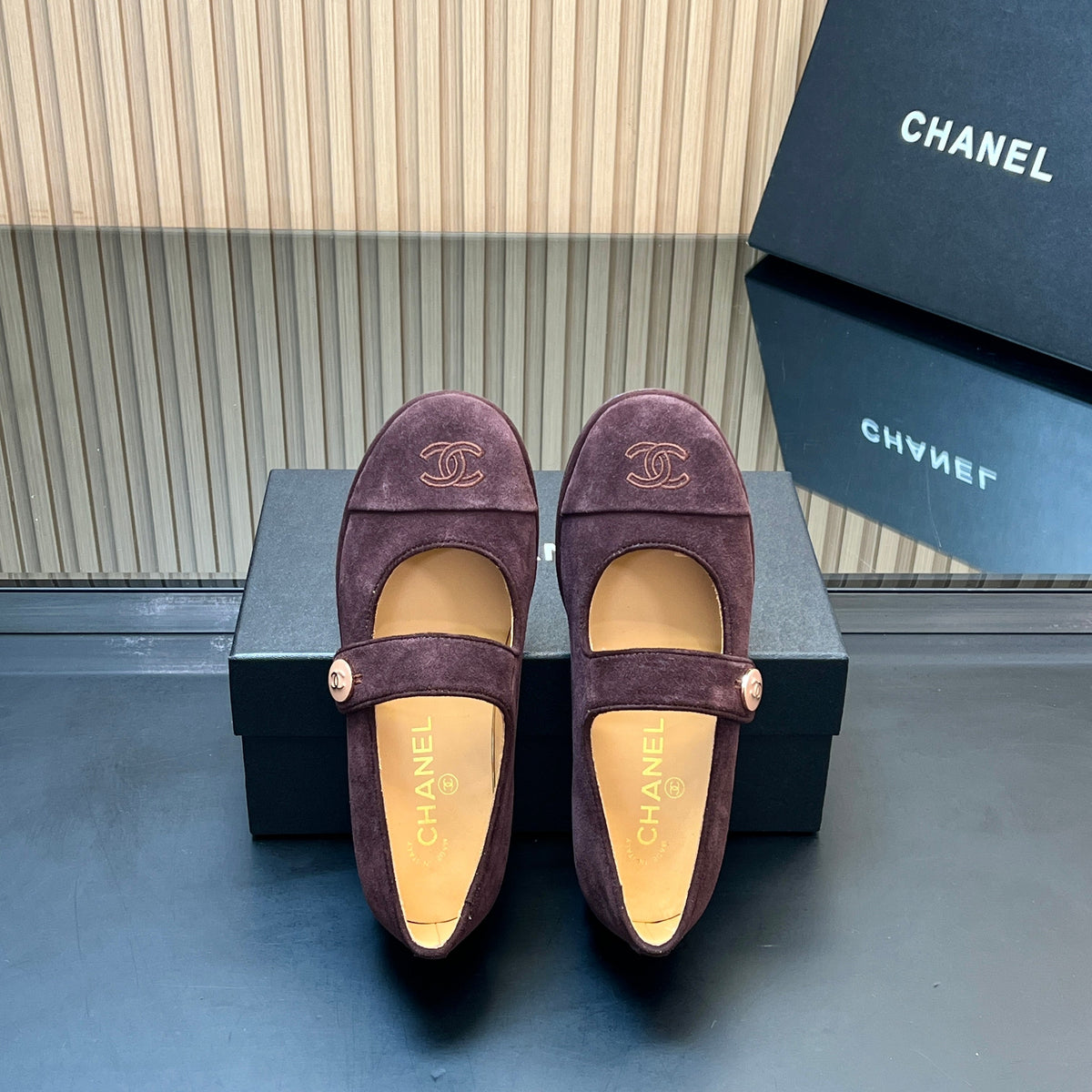 Chanel 25S Double-Strap Mary Jane Shoes in Dark Purple Suede
