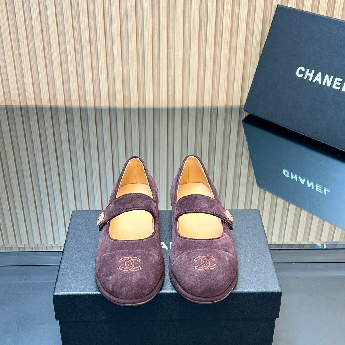 Chanel 25S Double-Strap Mary Jane Shoes in Dark Purple Suede