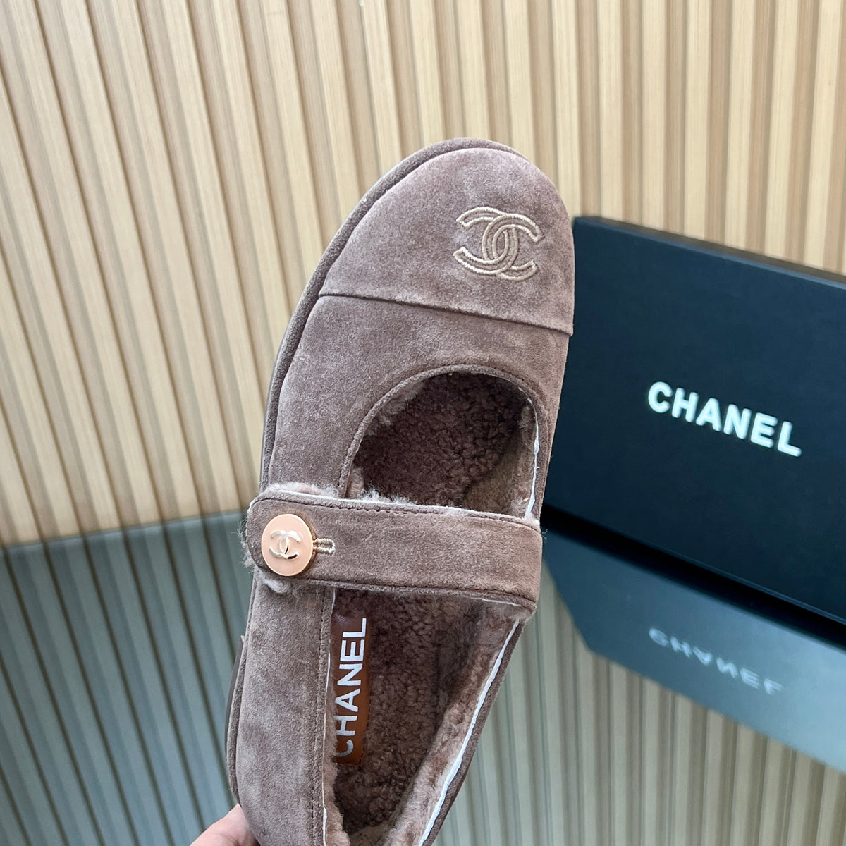 Chanel 25S Furry Mary Jane Shoes in Taupe Gray Suede