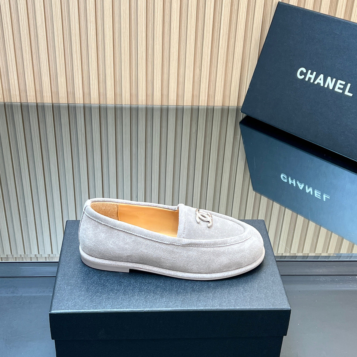 Chanel 25S Teddy Loafer 15mm in Light Gray Suede Silver Hardwre