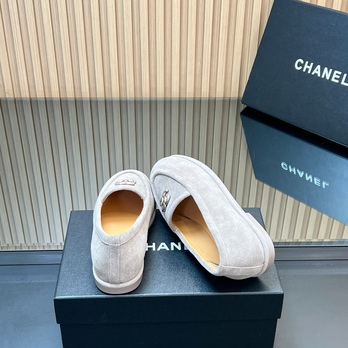 Chanel 25S Teddy Loafer 15mm in Light Gray Suede Silver Hardwre