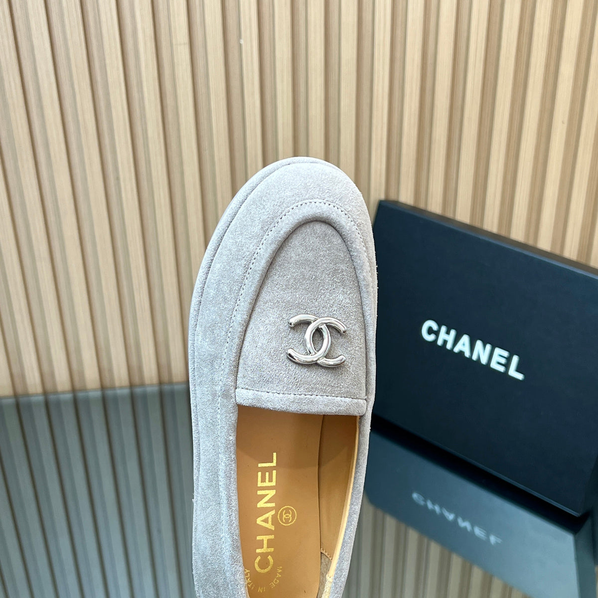 Chanel 25S Teddy Loafer 15mm in Light Gray Suede Silver Hardwre